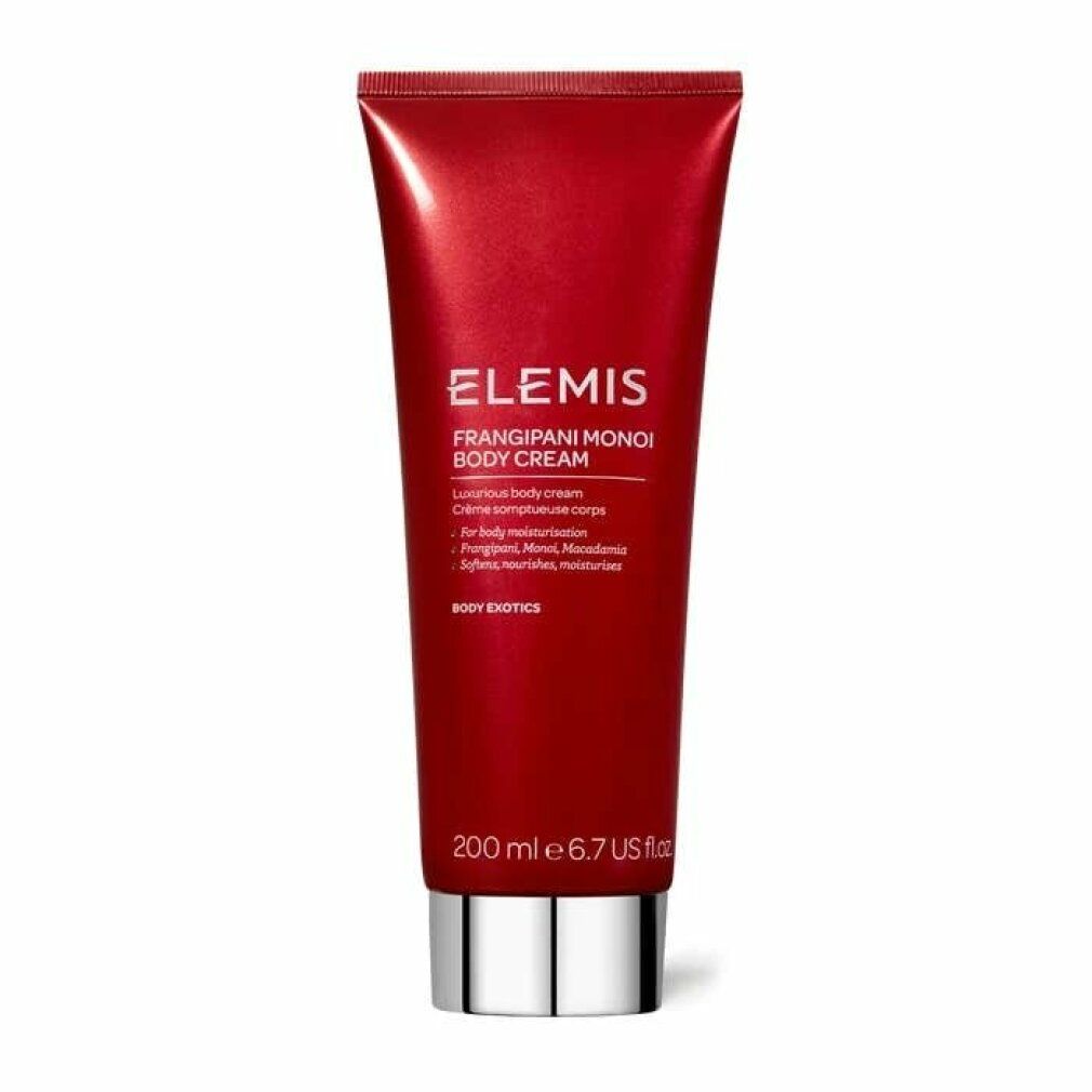 Rote Tube Elemis Frangipani Monoi Body Cream. Weißer Schriftzug. 200 ml. Silberner Schraubverschluss.