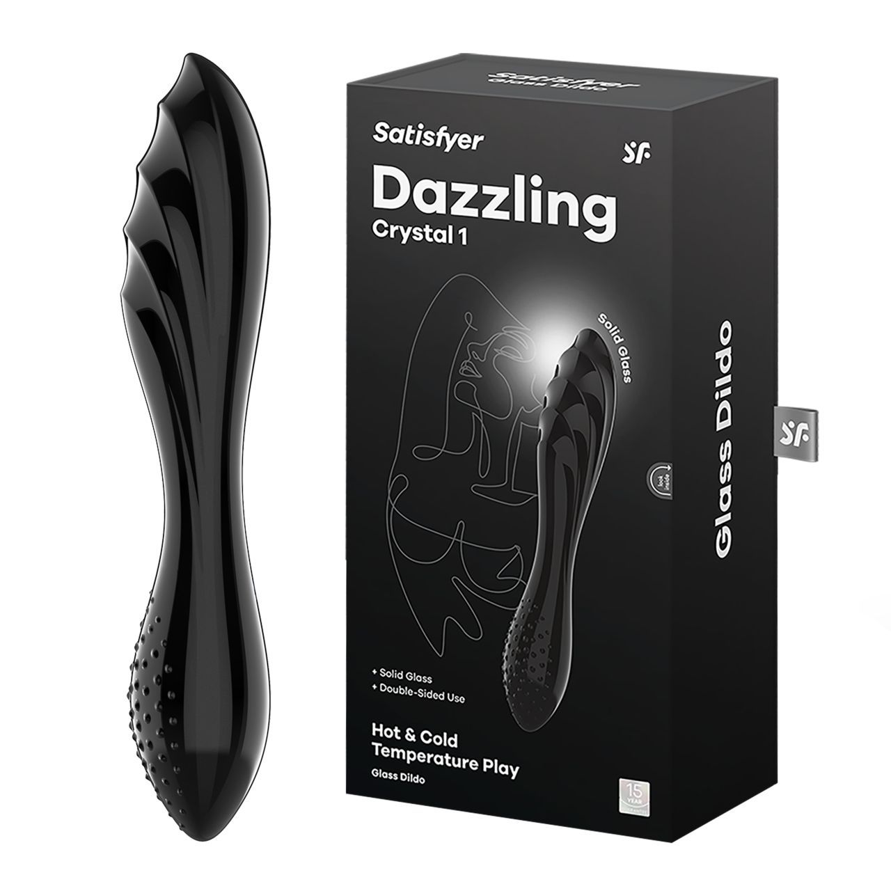Schwarzer Dildo neben Produktverpackung. Aufschrift: Satisfyer Dazzling Crystal 1, Glass Dildo.