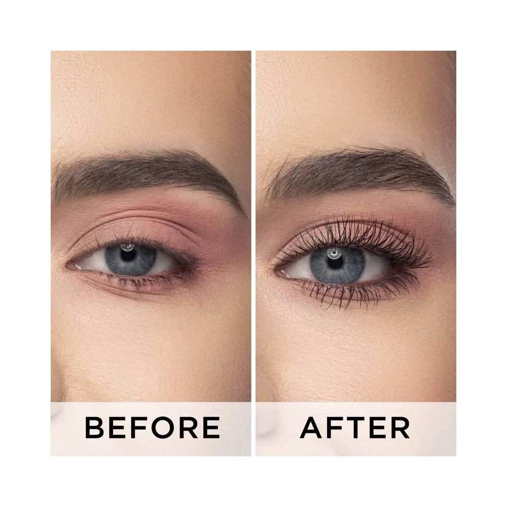 Vorher-Nachher-Vergleich. Ein Auge ohne und mit Artdeco Amazing Effect Mascara. Beschriftung: BEFORE, AFTER.