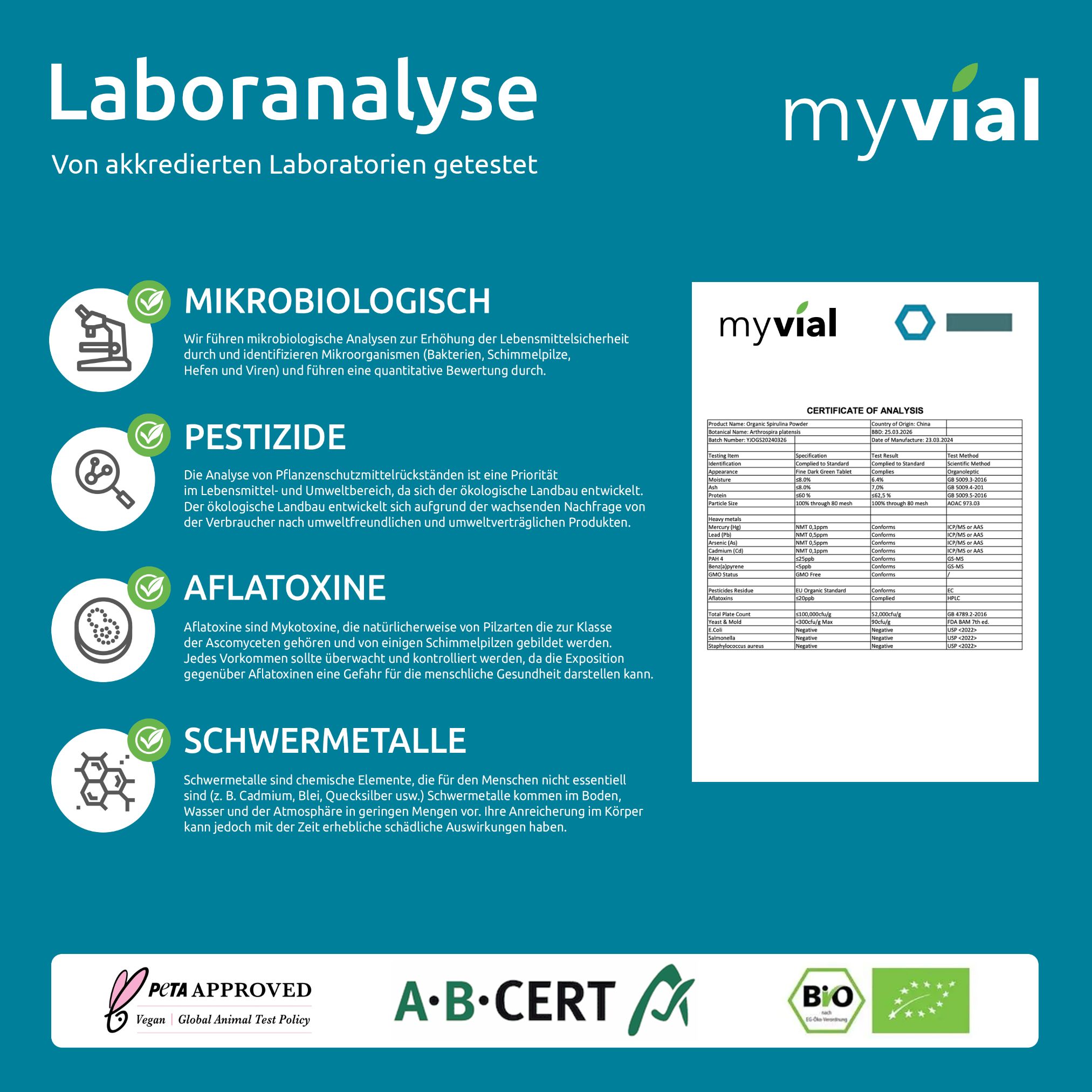 myvial® Bio Spirulina Pulver - 250 g mit Phycocyanin & Chlorophyll - vegan & laborgeprüft