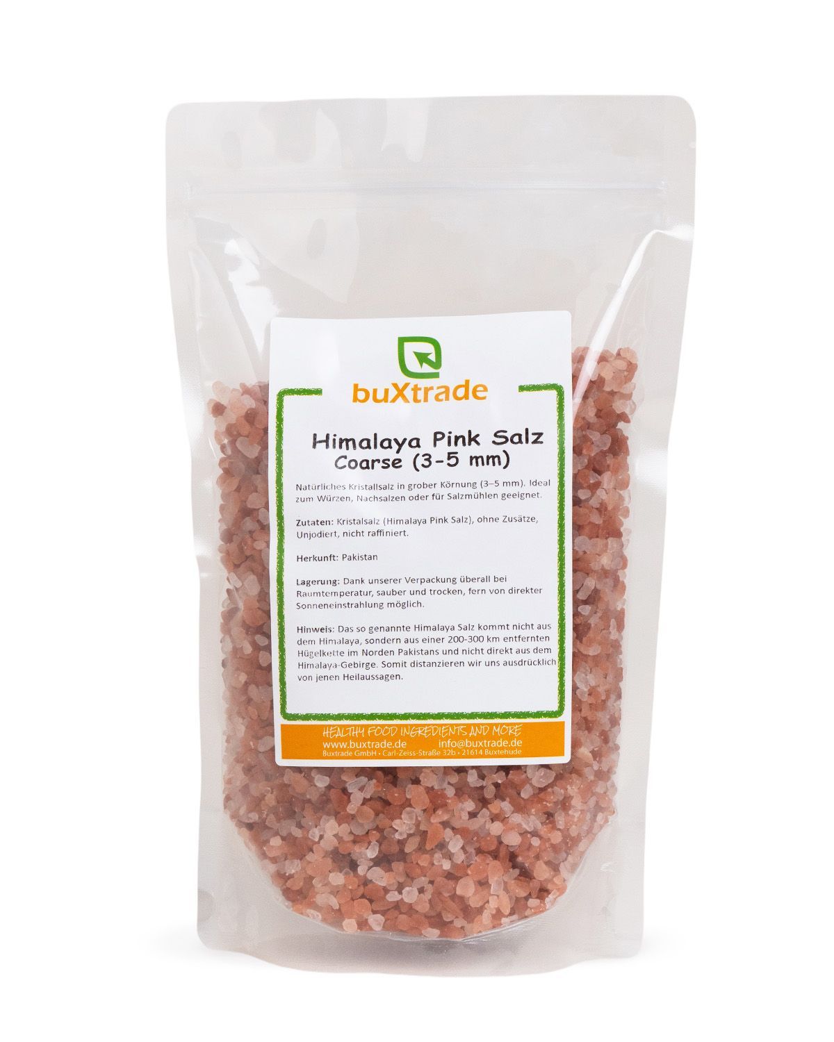 Verpackung mit grobem Himalaya-Salz, Etikett zeigt Marke und Produktinformationen.