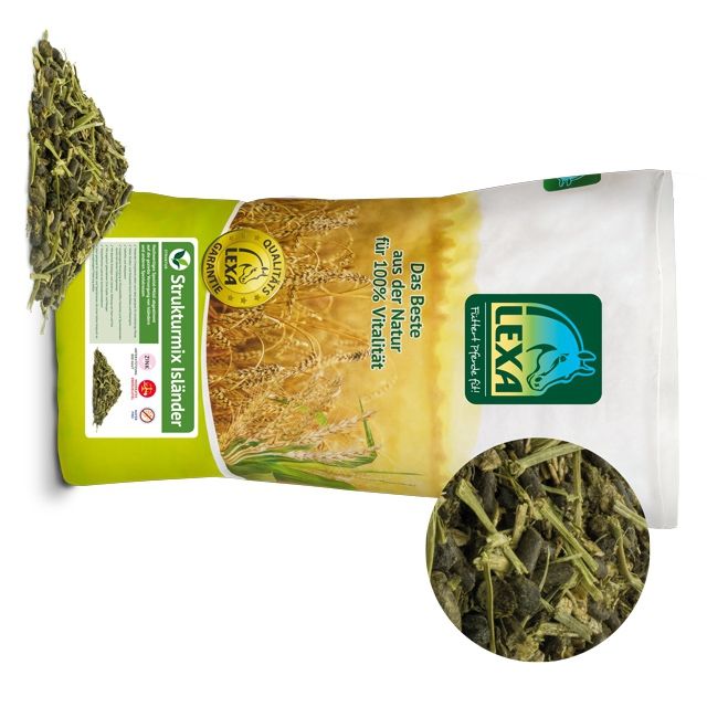 Verpackung von LEXA Pferdefutter Strukturmix Isländer. Grün-weißer Sack mit Logo und Produktbezeichnung. Nahaufnahme des Futters.