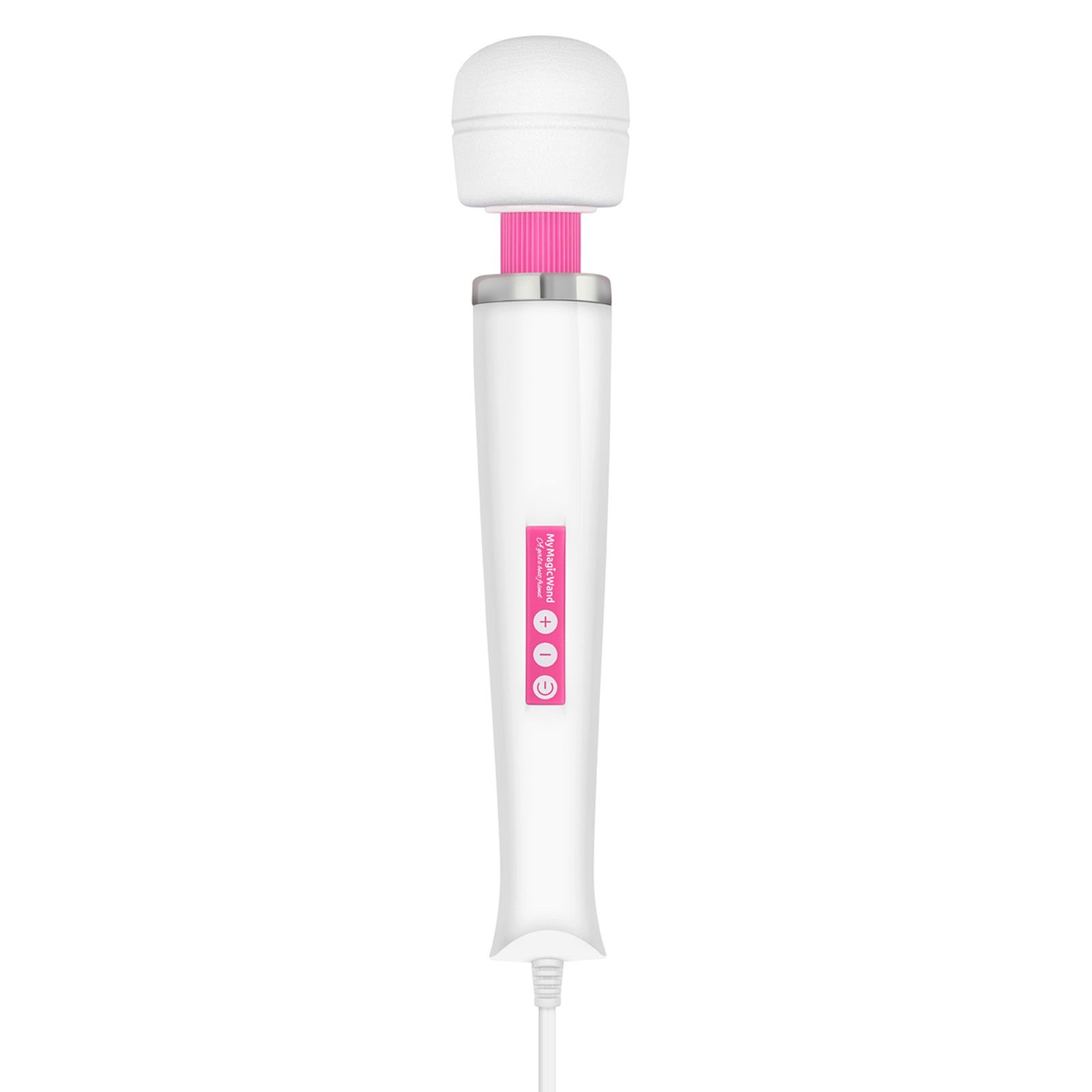 Vibratore a bacchetta bianco con dettagli rosa. Parte superiore rotonda, manico allungato. Pannello comandi con simboli.