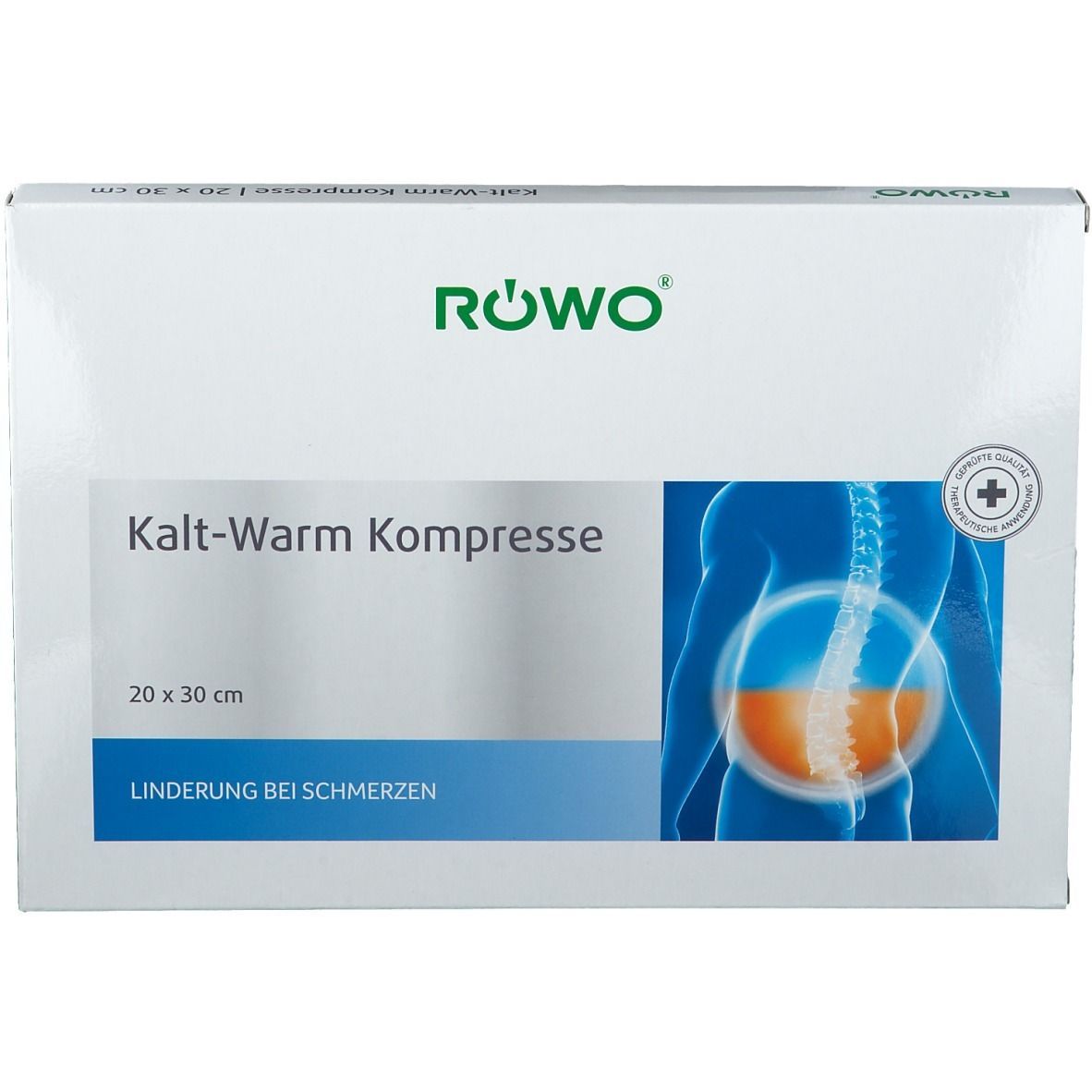 Verpackung mit RÖWO Kälte-Wärmekompresse. Aufdruck: 20 x 30 cm, Lindung bei Schmerzen. Logo und Illustration eines menschlichen Körpers.