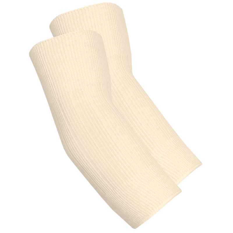Zwei beige Gelenkwärmer aus Wolle/Seide. Geripptes Material, leicht gebogen.