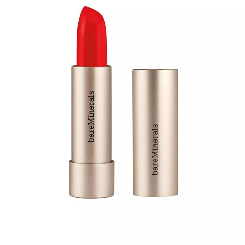 Roter Lippenstift, geöffnet. Goldfarbene Hülse mit Aufschrift bareMinerals. Lippenstiftstift sichtbar.