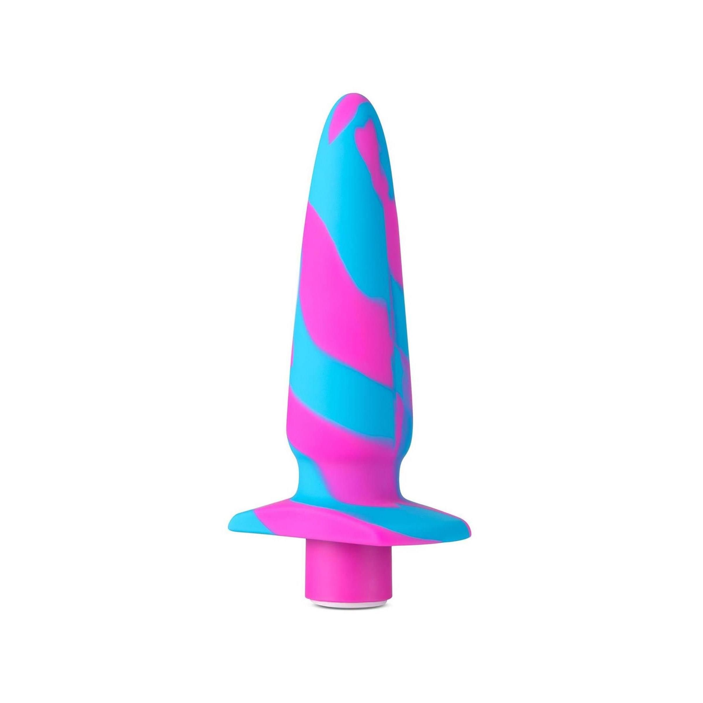 Zweifarbiges Wellness-Produkt, blau und pink. Mit flachem Boden und abgerundeter Spitze. Auf weißem Hintergrund.