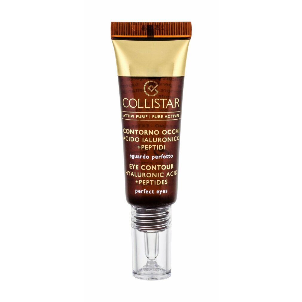 Braune Tube mit goldenem Deckel. Beschriftung: Collistar, Contorno Occhi, Acido Ialuronico + Peptidi, Eye Contour, Hyaluronic Acid + Peptides.