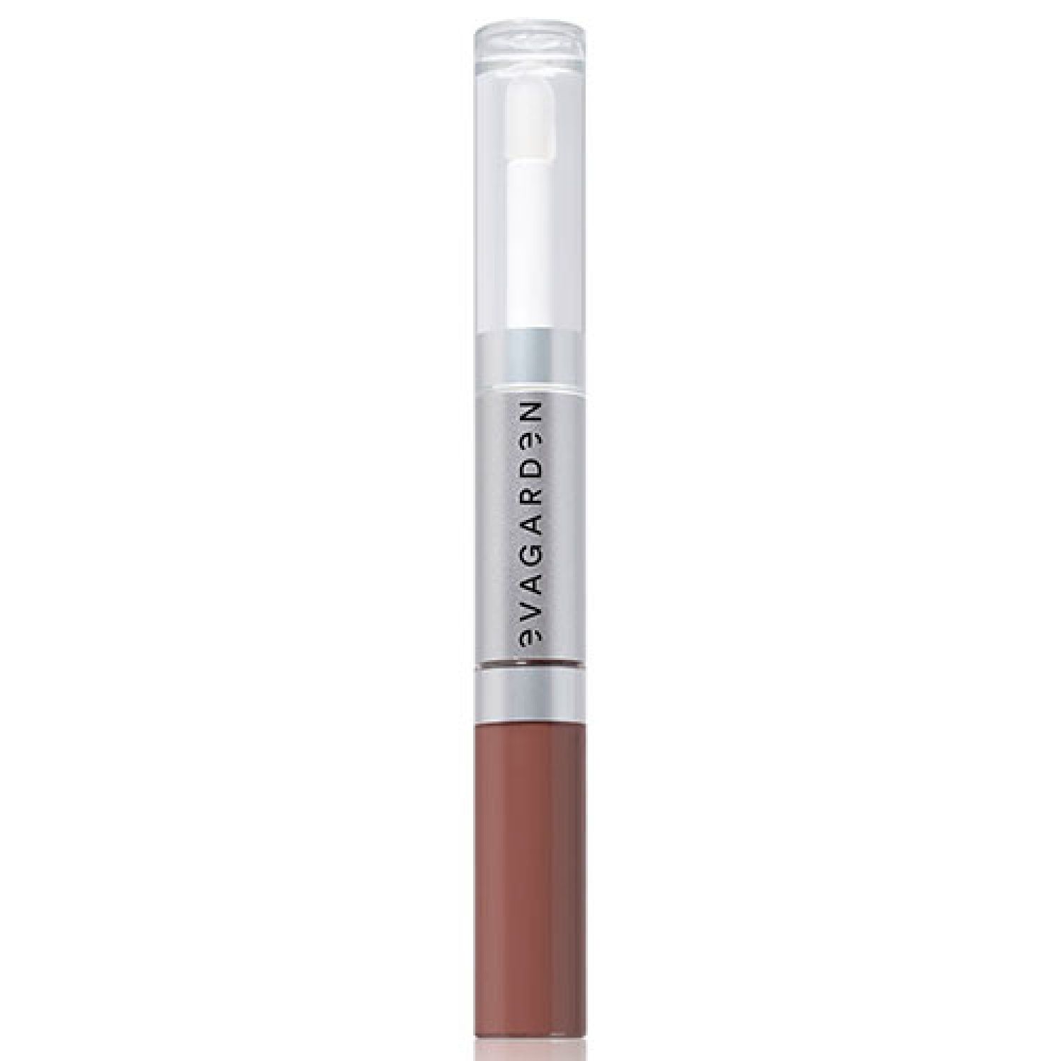 Doppel-Lippenprodukt mit transparentem Applikator und braunem Lippenstift. Silberne Mitte mit "evagarden"-Schriftzug.