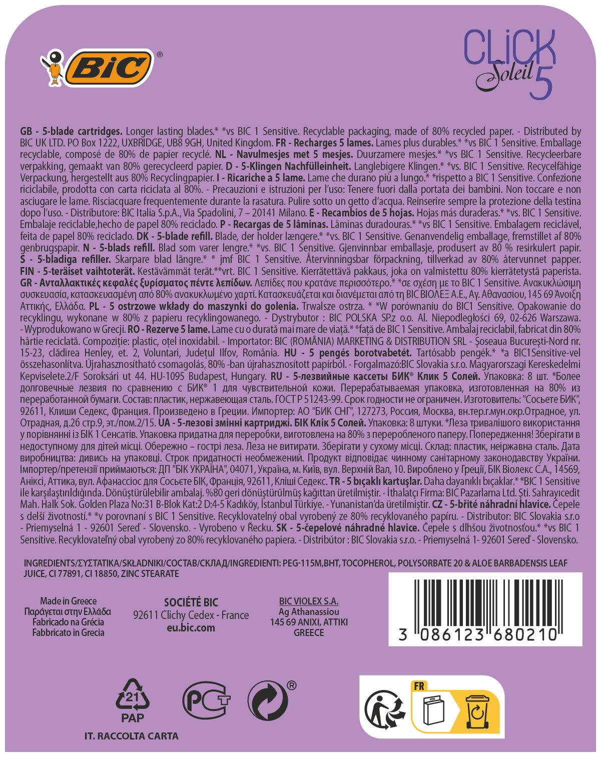 Rückseite der Verpackung mit Text. BIC Click 5 Soleil. Inhaltsstoffe und Herstellerinformationen.