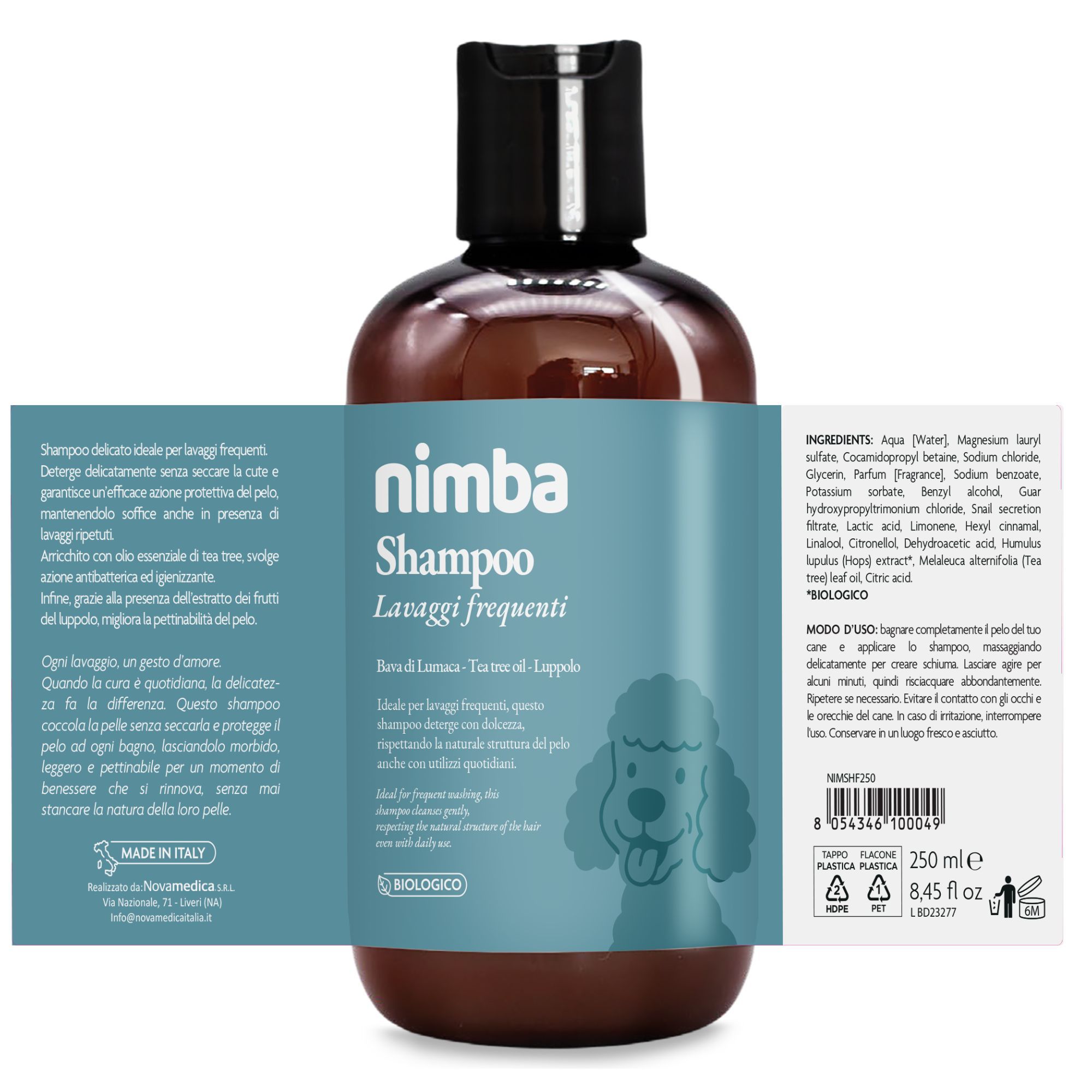 Braune Flasche mit schwarzem Deckel. Etikett mit Produktinformationen, Inhaltsstoffen und Anwendungshinweisen. 250 ml.