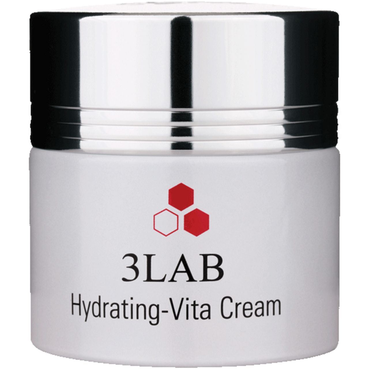 Weißer Tiegel mit silbernem Deckel. Rotes Logo mit drei sechseckigen Formen. Schriftzug: 3LAB Hydrating-Vita Cream.