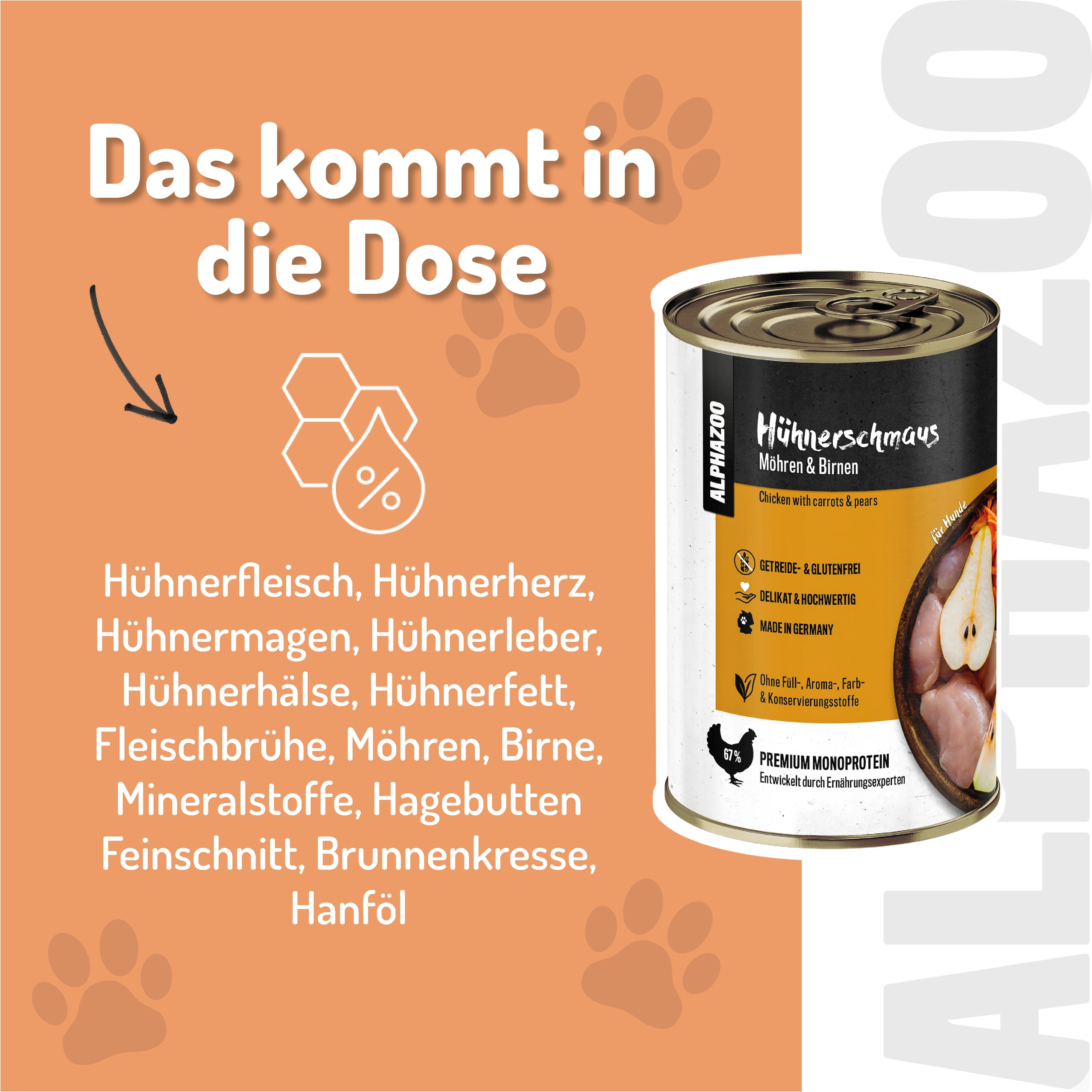 Dose Nassfutter für Hunde. Aufschrift: Hühnerschmaus, Möhren & Birnen. Zutatenliste mit Hühnerfleisch, Innereien, Gemüse und Kräutern. ALPHAZOO Logo.