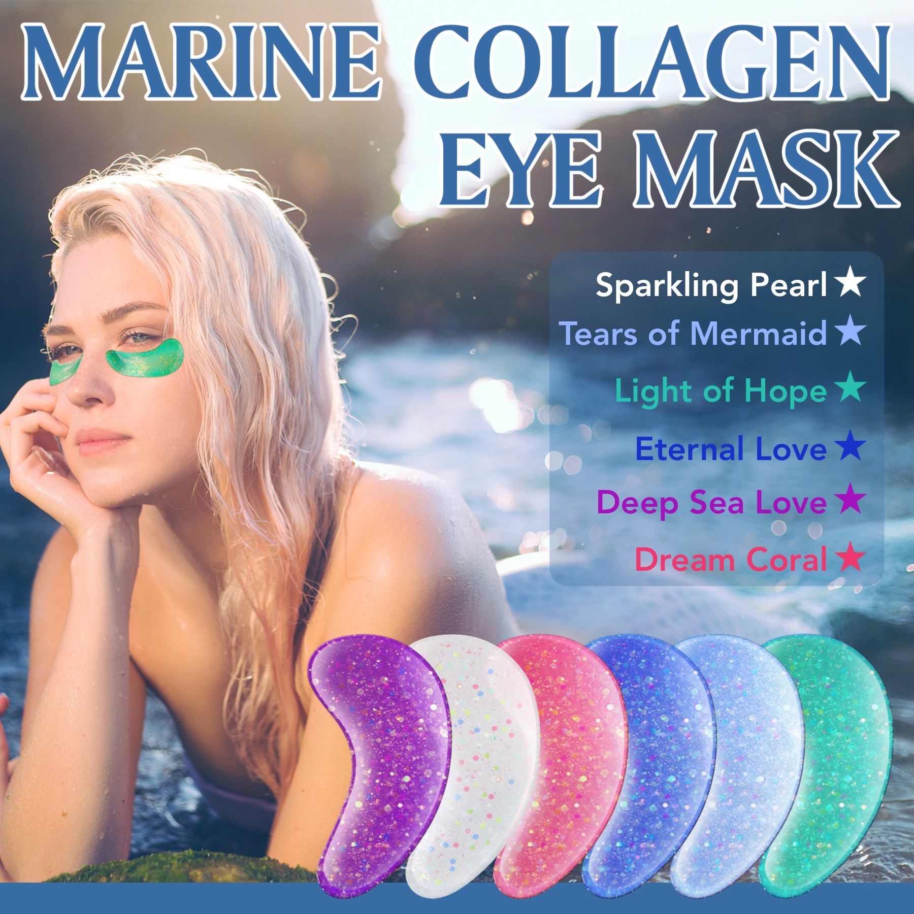 Eine Frau liegt im Wasser mit Augenpads. Sechs farbige Augenpads sind abgebildet. Text: MARINE COLLAGEN EYE MASK.