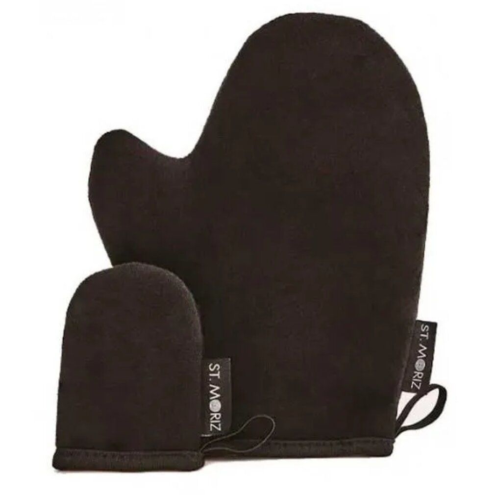 Zwei schwarze Handschuhe: ein großer für den Körper, ein kleiner für das Gesicht. Mit Etikett: St. Moriz.