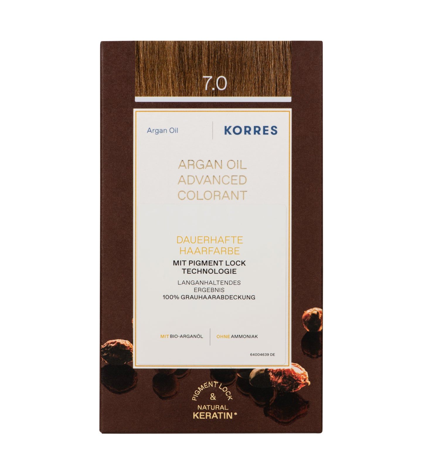KORRES Haarfarbe, Arganöl, Mittelblond 7.0. Braune Verpackung mit Produktinformationen und Logo.