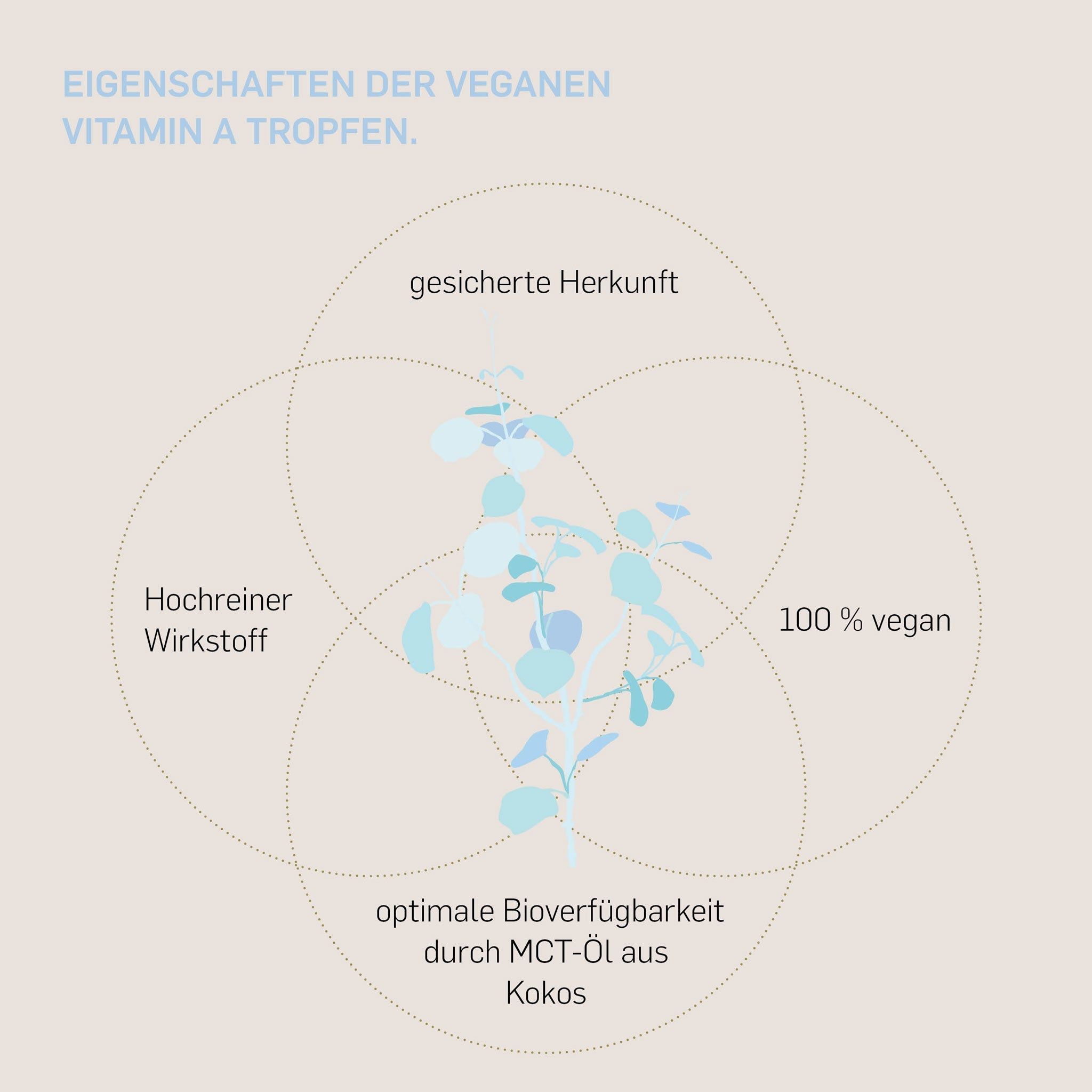 Kreisförmige Grafik mit vier Elementen: gesicherte Herkunft, hochreiner Wirkstoff, 100% vegan, optimale Bioverfügbarkeit durch MCT-Öl.