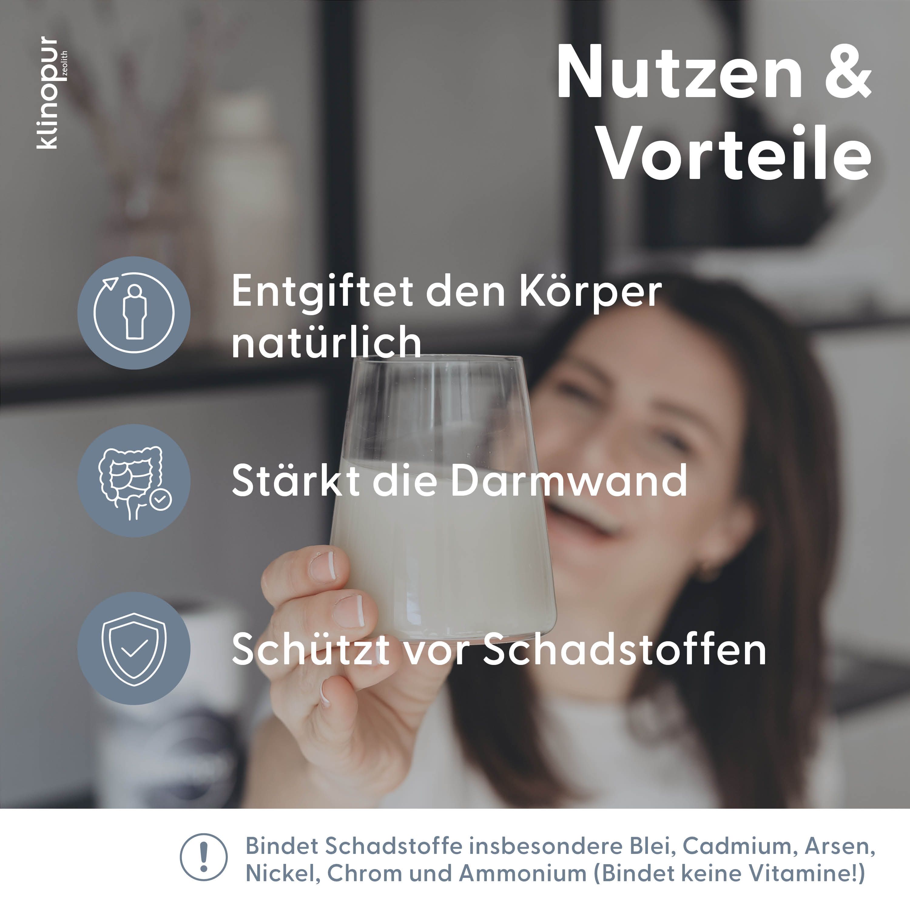 Frau hält ein Glas mit KLINOPUR Zeolith Pulver. Symbole für Entgiftung, Darmstärke, Schutz.
