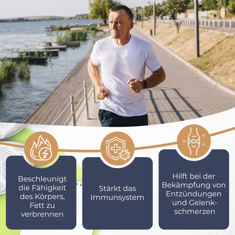 Ein Mann joggt am See. Grafiken zeigen Vorteile: Fettverbrennung, Immunsystem stärken, Entzündungen lindern.