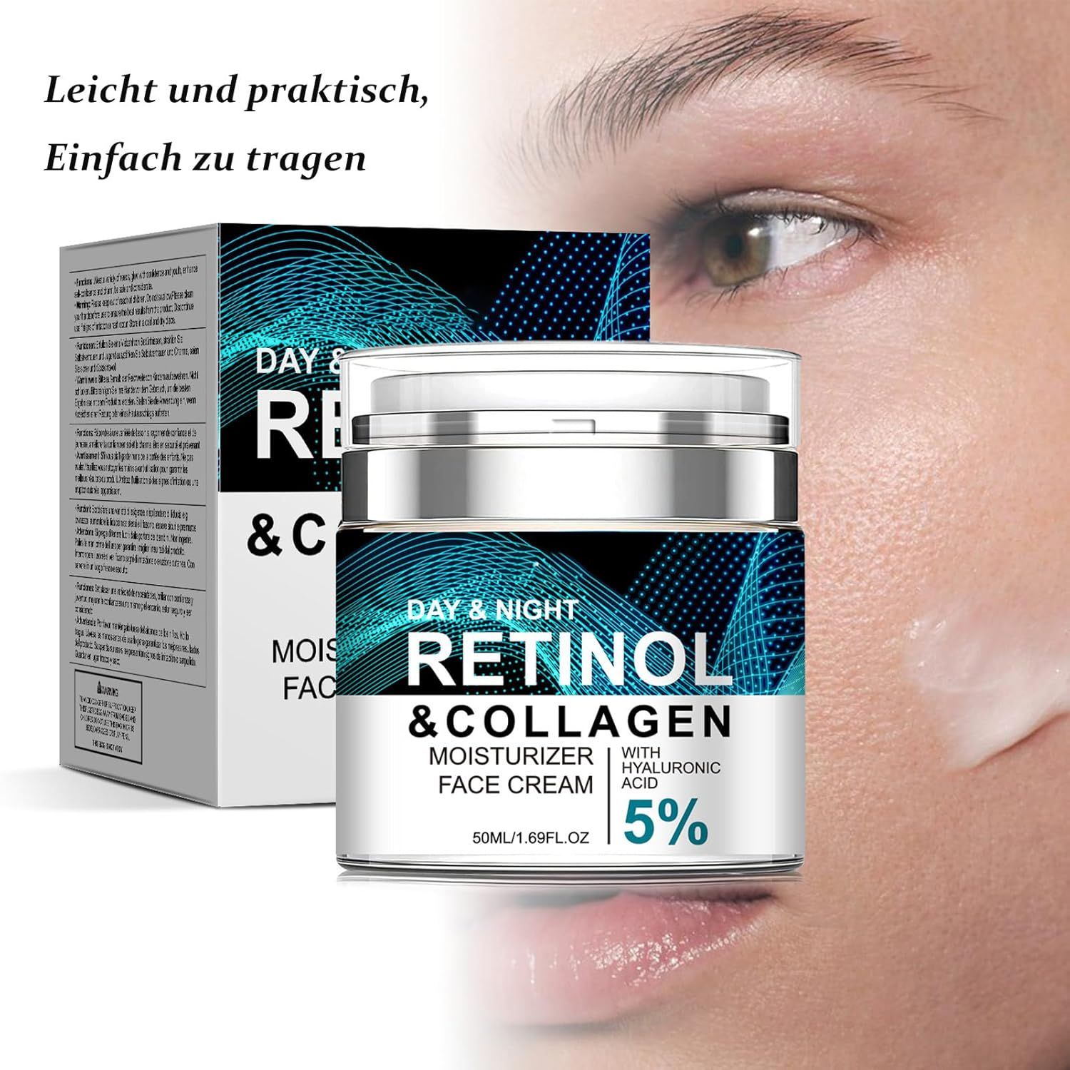Soleneva Retinol & Kollagen Gesichtscreme mit Verpackung und Nahaufnahme eines Gesichts.
