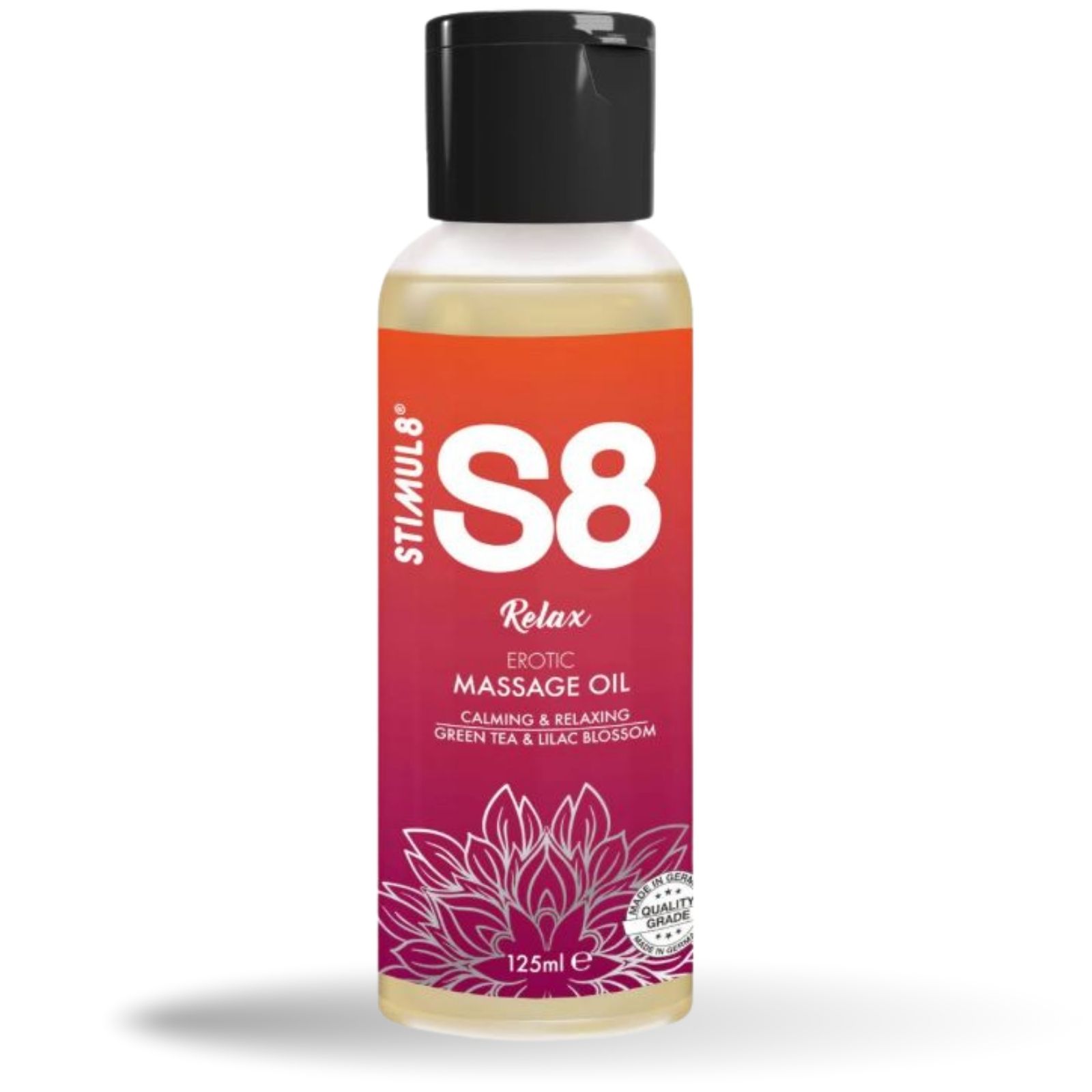 S8 Relax Massageöl. Flasche mit schwarzem Deckel. Aufschrift: Erotic Massage Oil, 125ml.