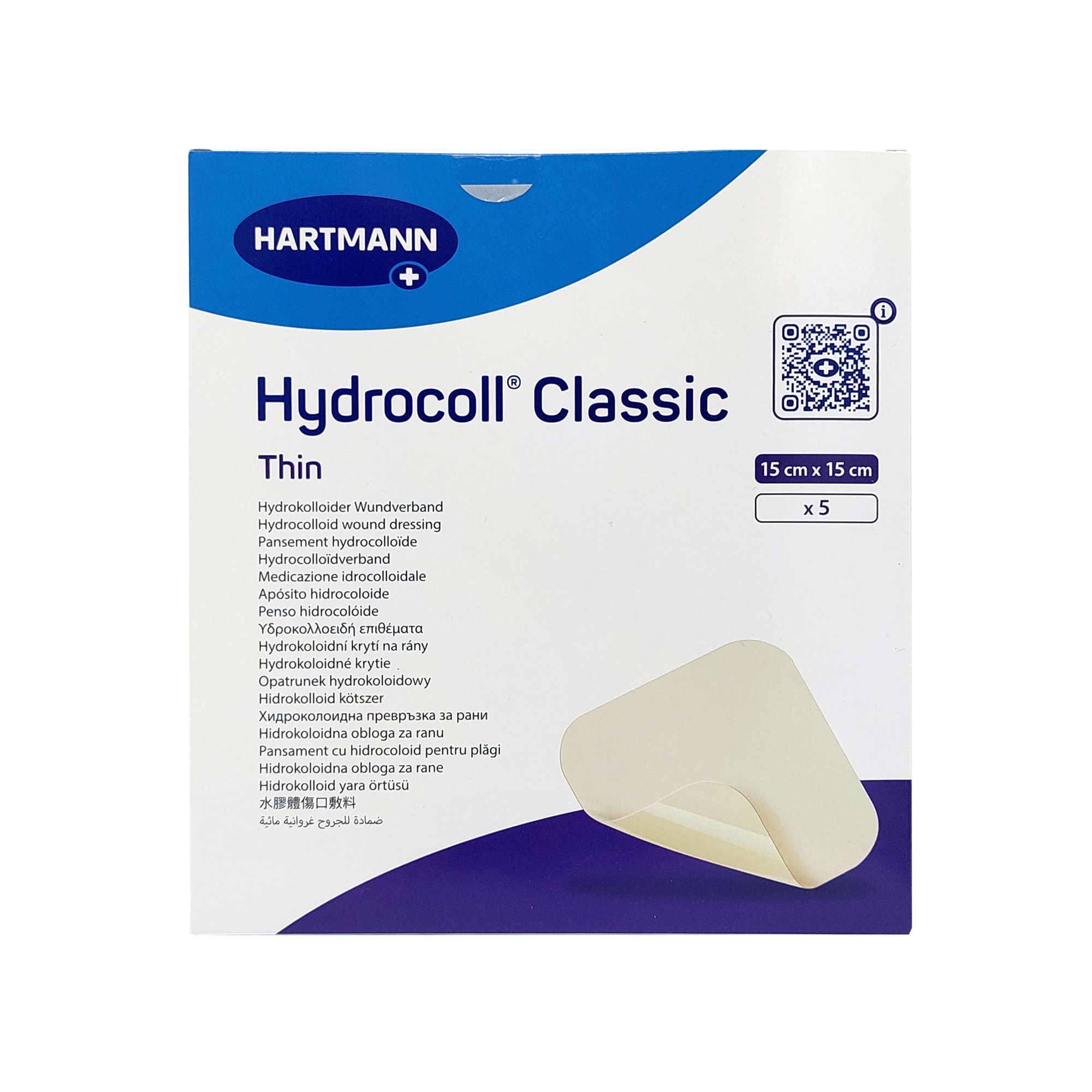 Verpackung mit Hydrocoll Classic Thin Wundverband. Größe: 15 cm x 15 cm, Packung mit 5 Stück. Marke: HARTMANN.
