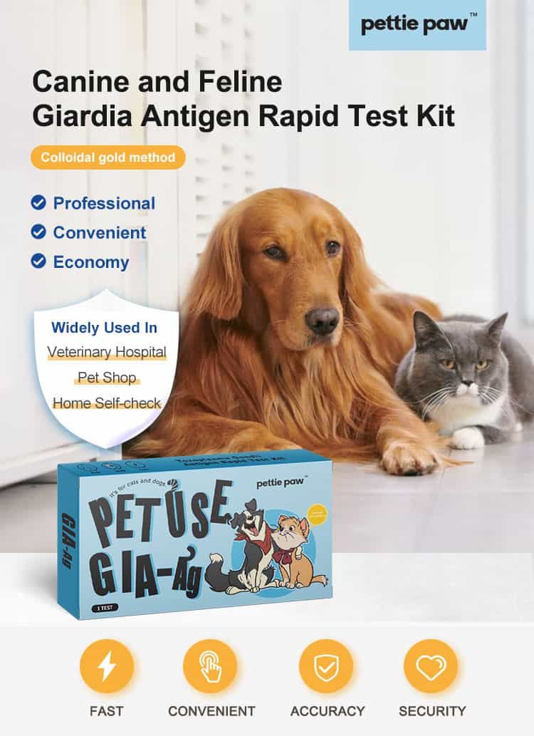 Hund und Katze neben der Verpackung eines Giardien-Antigentests. Text hebt Vorteile hervor.