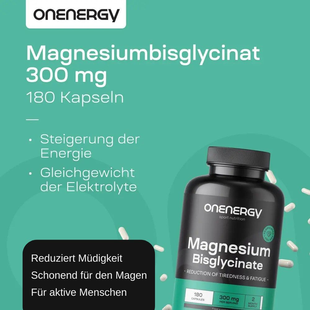 Produktflasche "Onenergy Magnesiumbisglycinat" mit Text: Magnesiumbisglycinat 300 mg, 180 Kapseln. Weitere Texte.