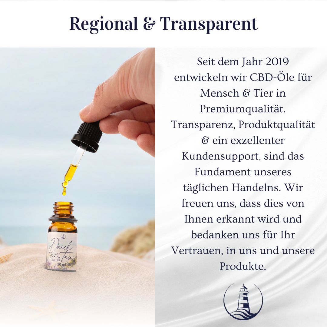 Hand hält Tropfflasche mit Flüssigkeit. Flasche mit "Deich Tau CBD-Öl 40%".
