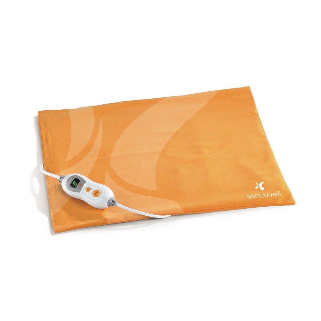 Orangefarbenes Heizkissen mit Kabel und Steuerung. Das Kissen hat das Logo von Sanowell.