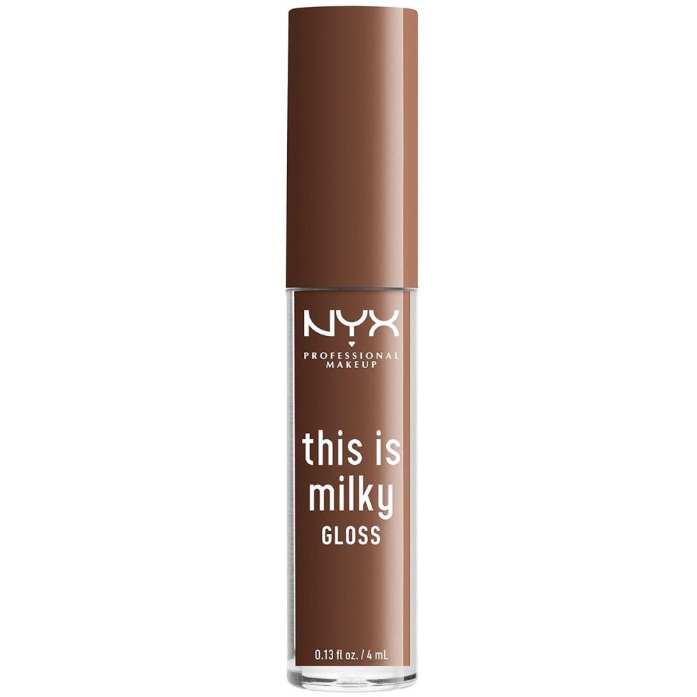 Brauner Lipgloss in einer transparenten Flasche mit braunem Deckel. Auf der Flasche steht "NYX Professional Makeup" und "this is milky GLOSS".