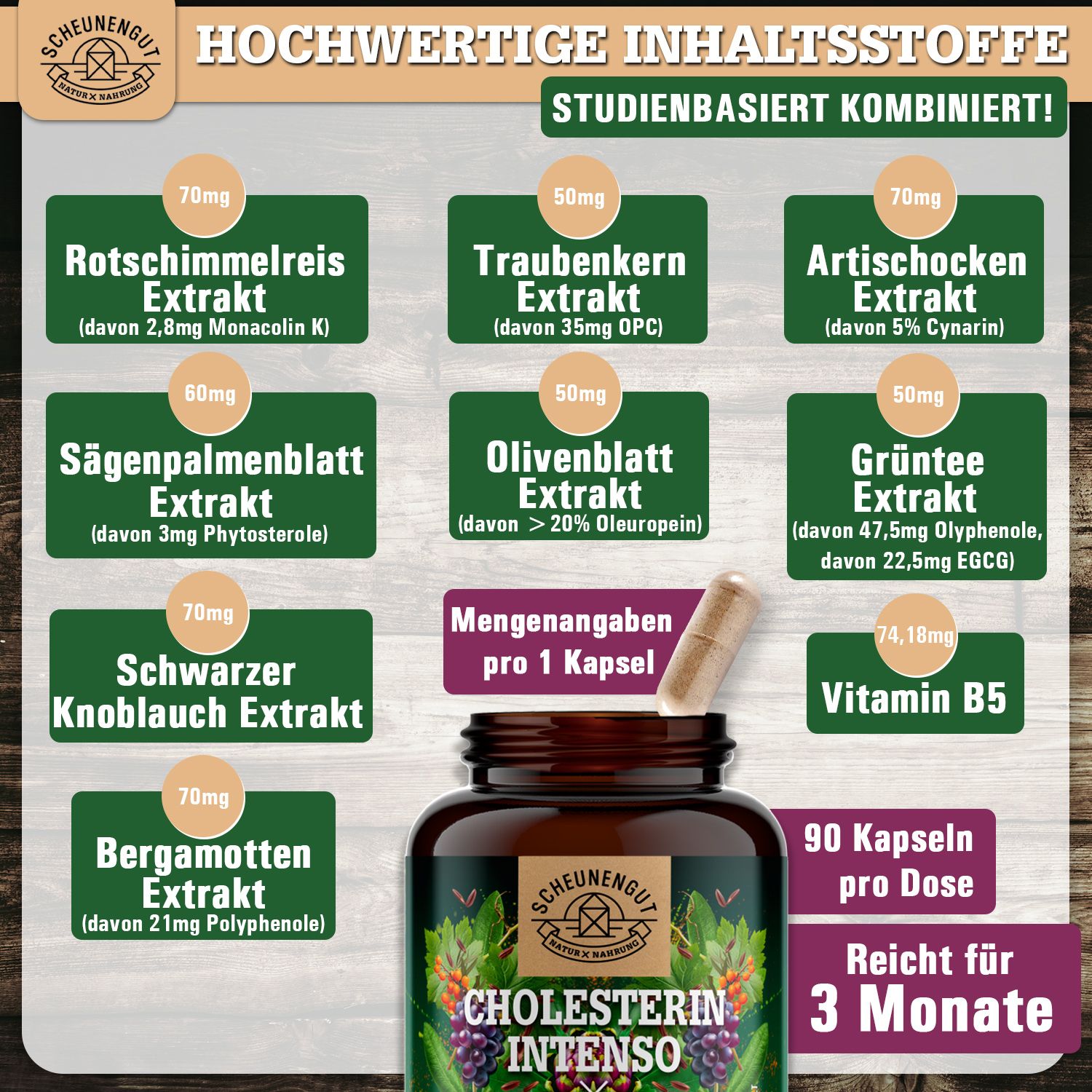 Scheunengut® Cholesterin Intenso | Einzigartiger Komplex mit Monacolin K aus rotem Reis 90 St Kapseln