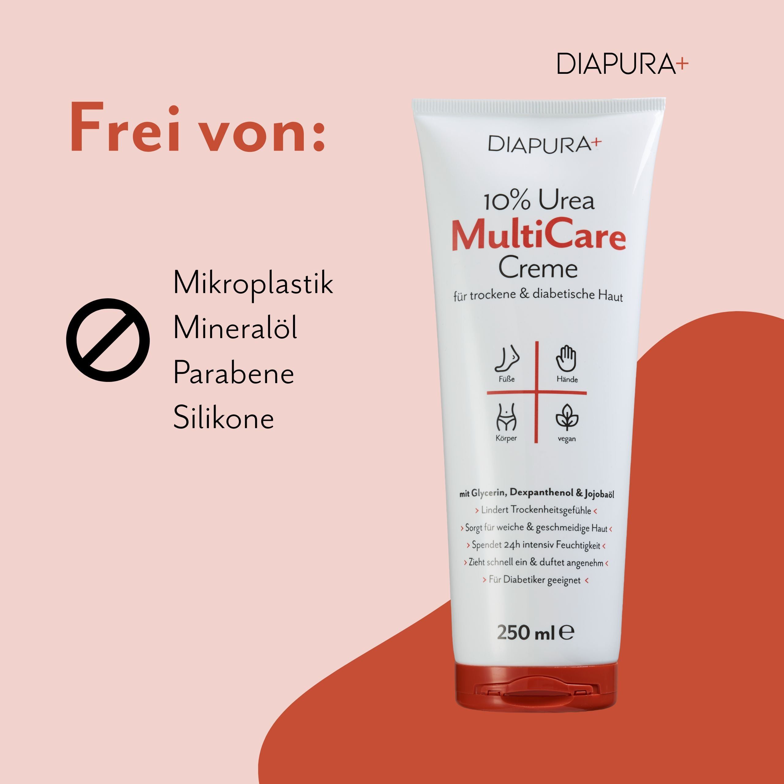 Creme-Tube mit rotem Deckel. Aufschrift: 10% Urea MultiCare Creme. Text: Frei von: Mikroplastik, Mineralöl, Parabene, Silikone.  