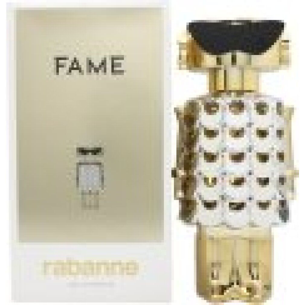 Goldfarbener Flakon in Roboterform neben einer weißen Schachtel. Auf der Schachtel steht 'FAME' und 'rabanne'.