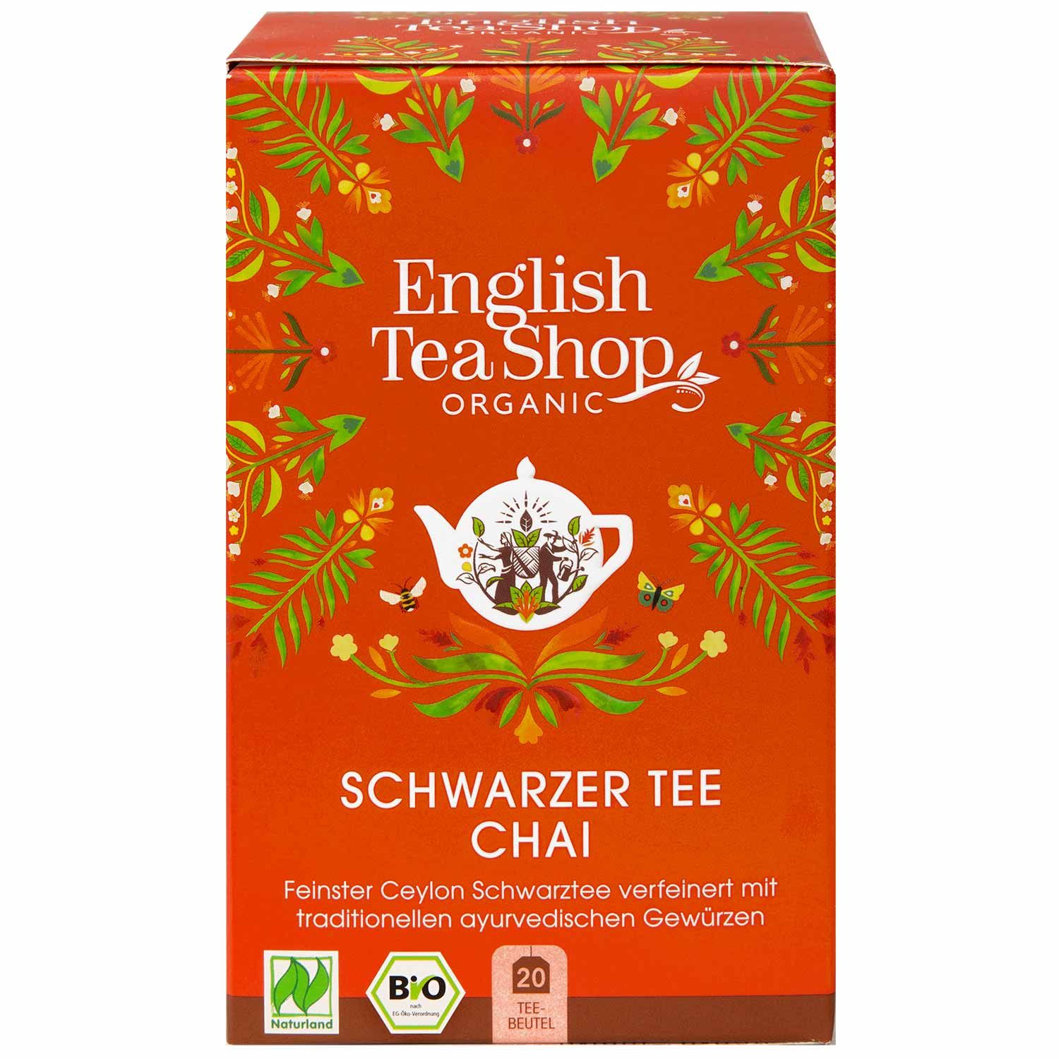 ETS Schwarzer Tee Chai Verpackung. Orangefarbener Karton mit Logo, Teekanne-Illustration und Text: Schwarzer Tee Chai, 20 Teebeutel.