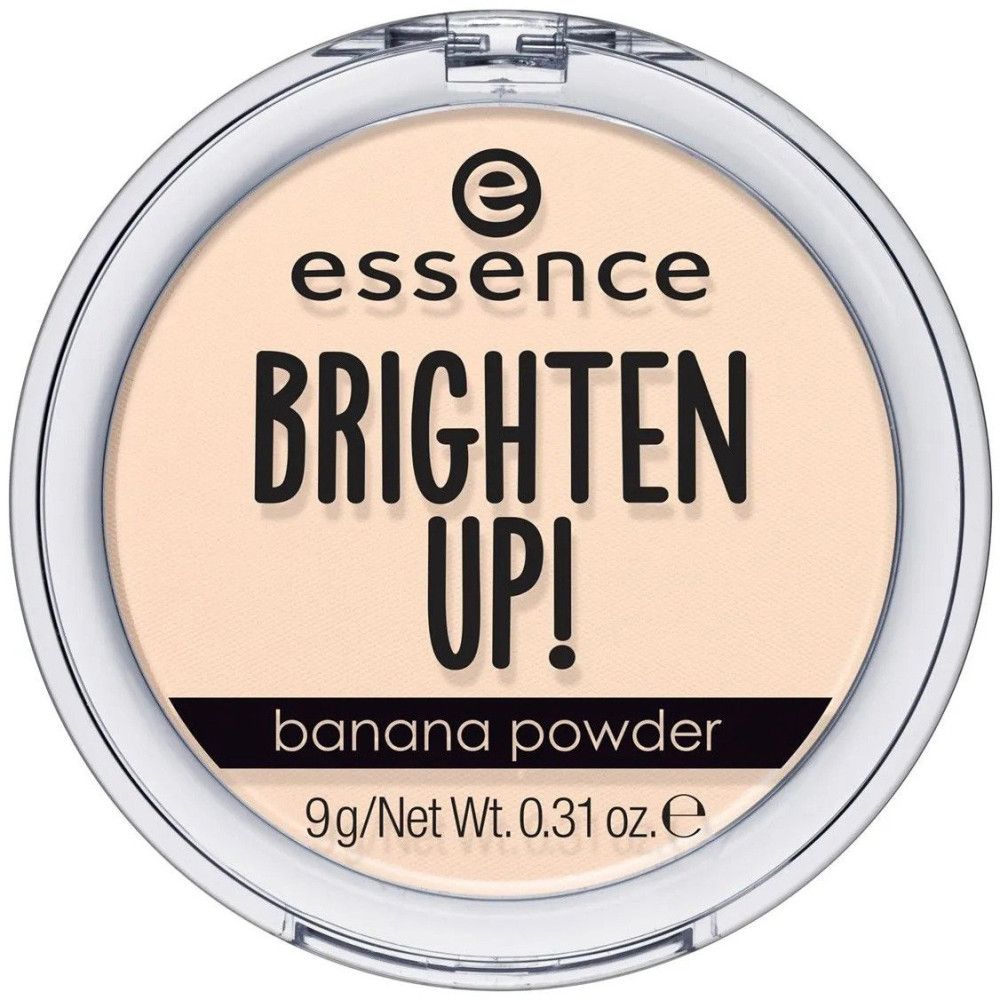 Runder Puderbehälter mit transparentem Deckel. Aufschrift: Essence, Brighten Up!, banana powder. 9g/Net Wt. 0.31 oz.e.
