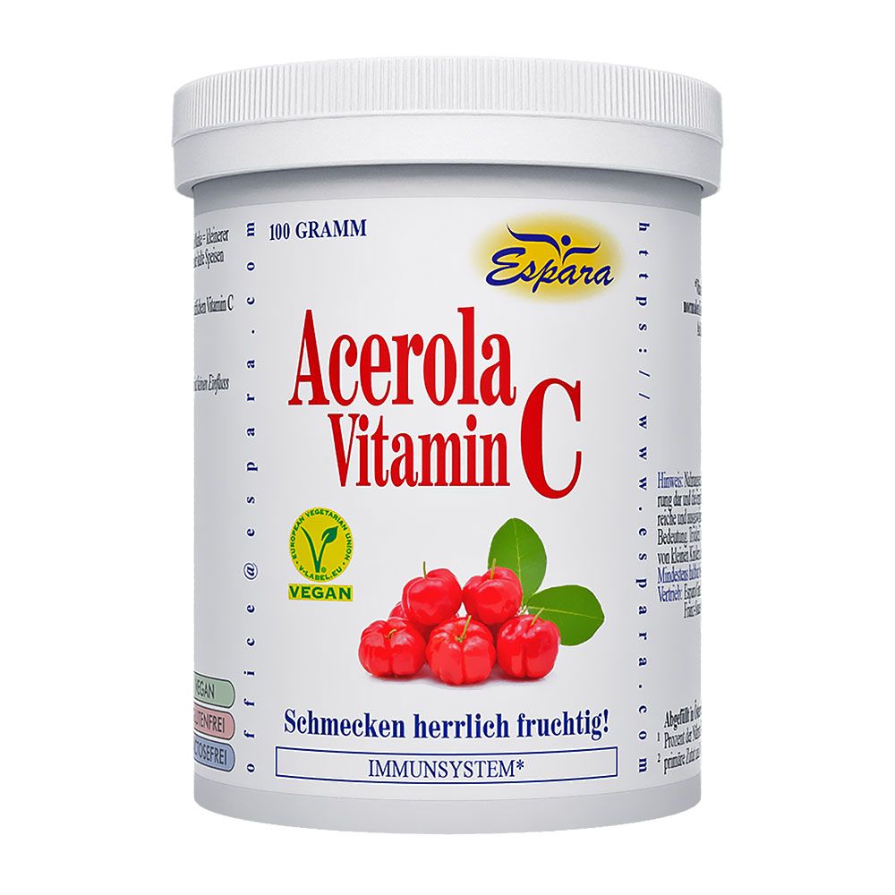 Weißes Espara-Behälter mit Acerola Vitamin C Pulver. Rote Schrift, Abbildung von Acerola-Kirschen. Vegan-Siegel.