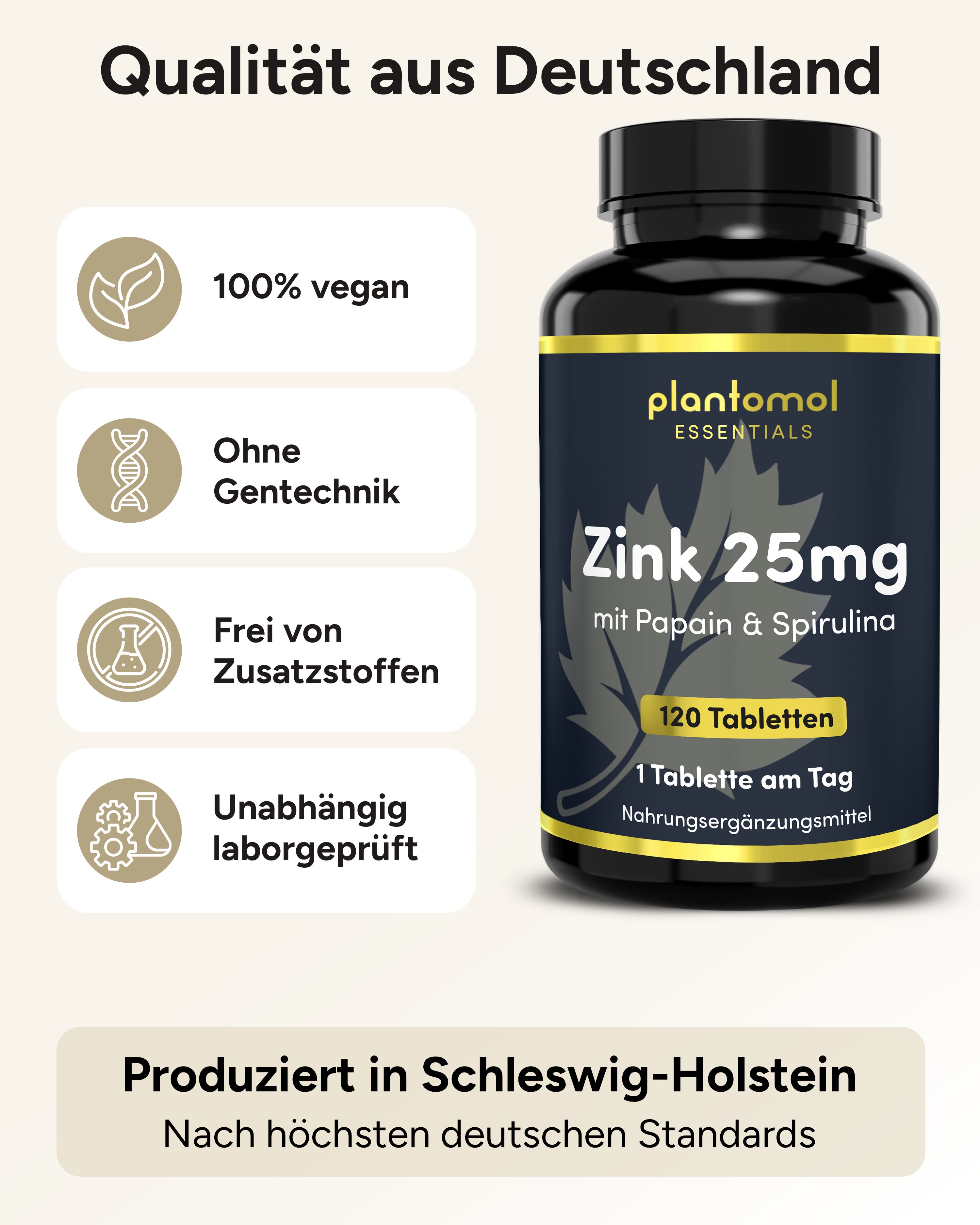 Schwarze Flasche plantomol® Essentials Zink 25mg. 120 Tabletten. 1 Tablette am Tag. 100% vegan, ohne Gentechnik, ohne Zusätze.