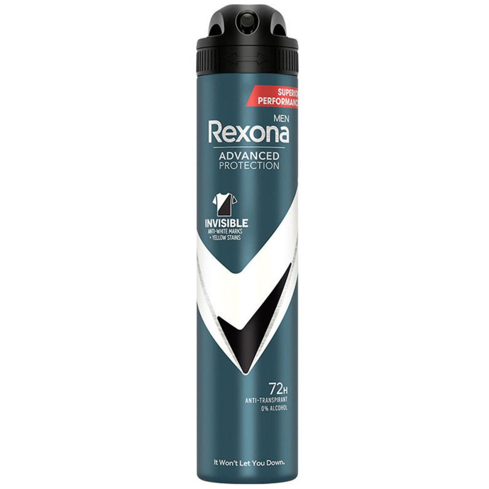 Deo-Spraydose. Blau-graue Dose mit schwarzem Deckel. Text: Rexona, Advanced Protection, Invisible. 72h Anti-Transpirant, 0% Alkohol.