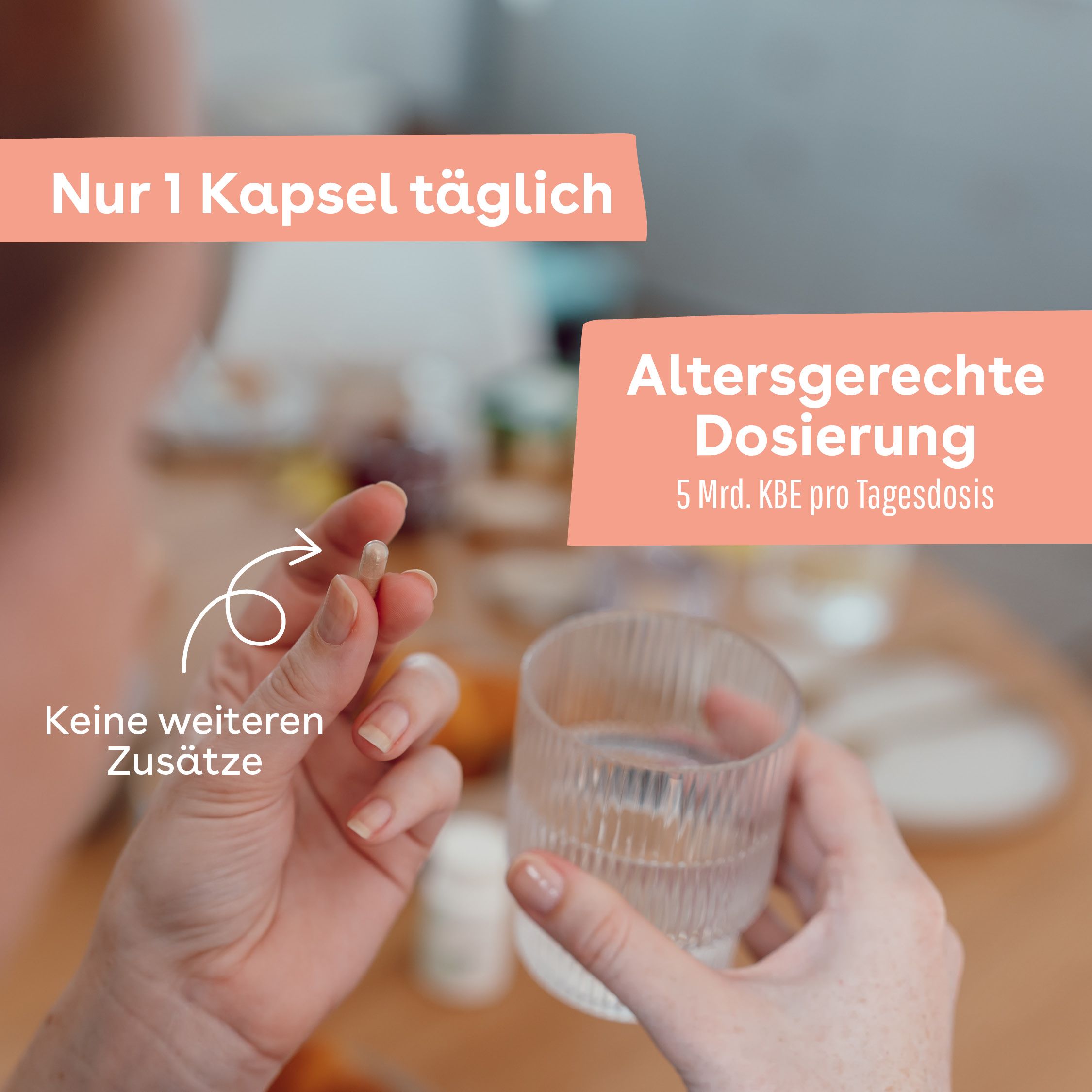 Eine Kapsel wird mit einem Glas Wasser eingenommen. Nur 1 Kapsel täglich.