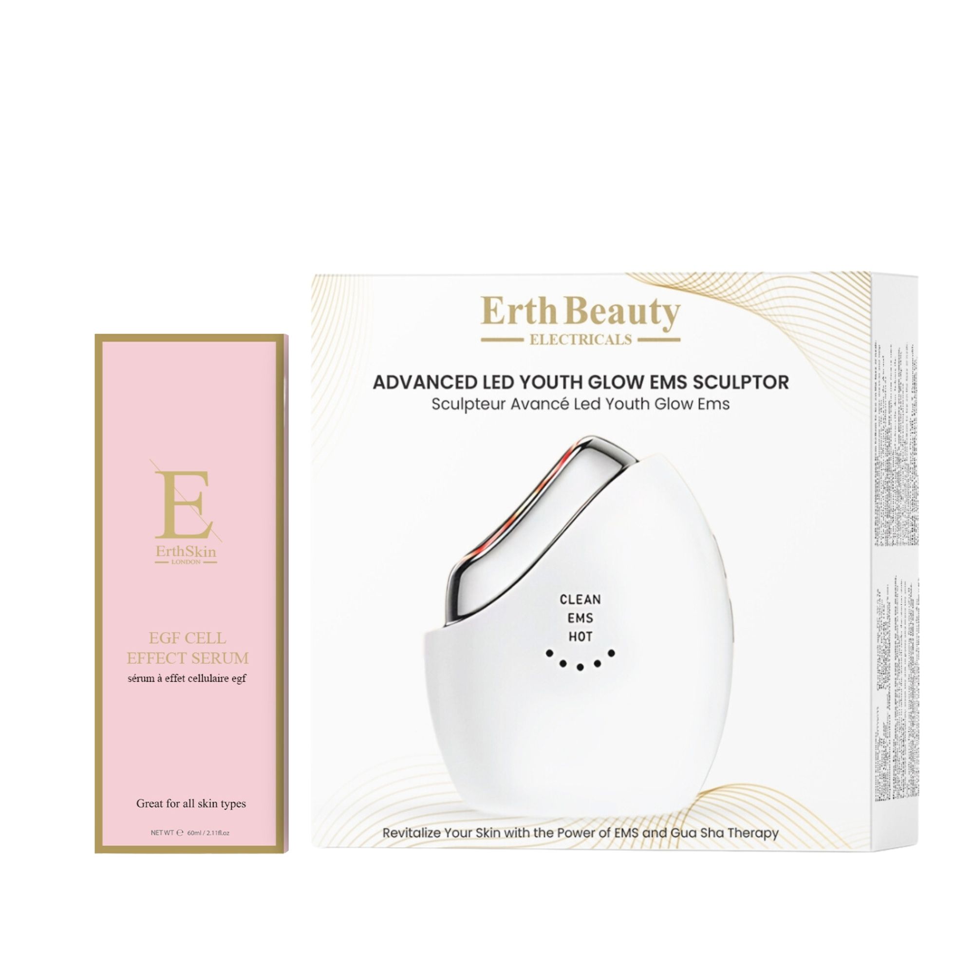 Weißes EMS-Sculptor-Gerät mit silbernen Akzenten und rosa Serum-Verpackung. Erth Beauty Electricals.