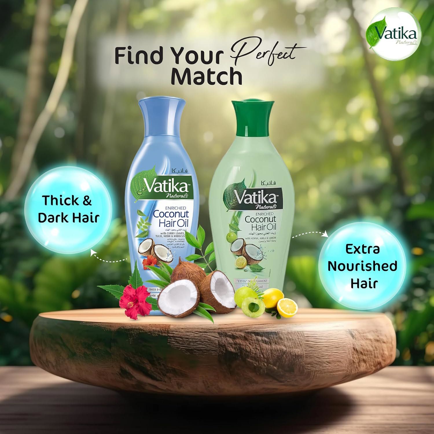 Zwei Flaschen Vatika Naturals Kokos-Haaröl auf Holz. Eine blaue und eine grüne Flasche. Text: Thick & Dark Hair, Extra Nourished Hair. Kokosnuss, Blätter und Blüten.