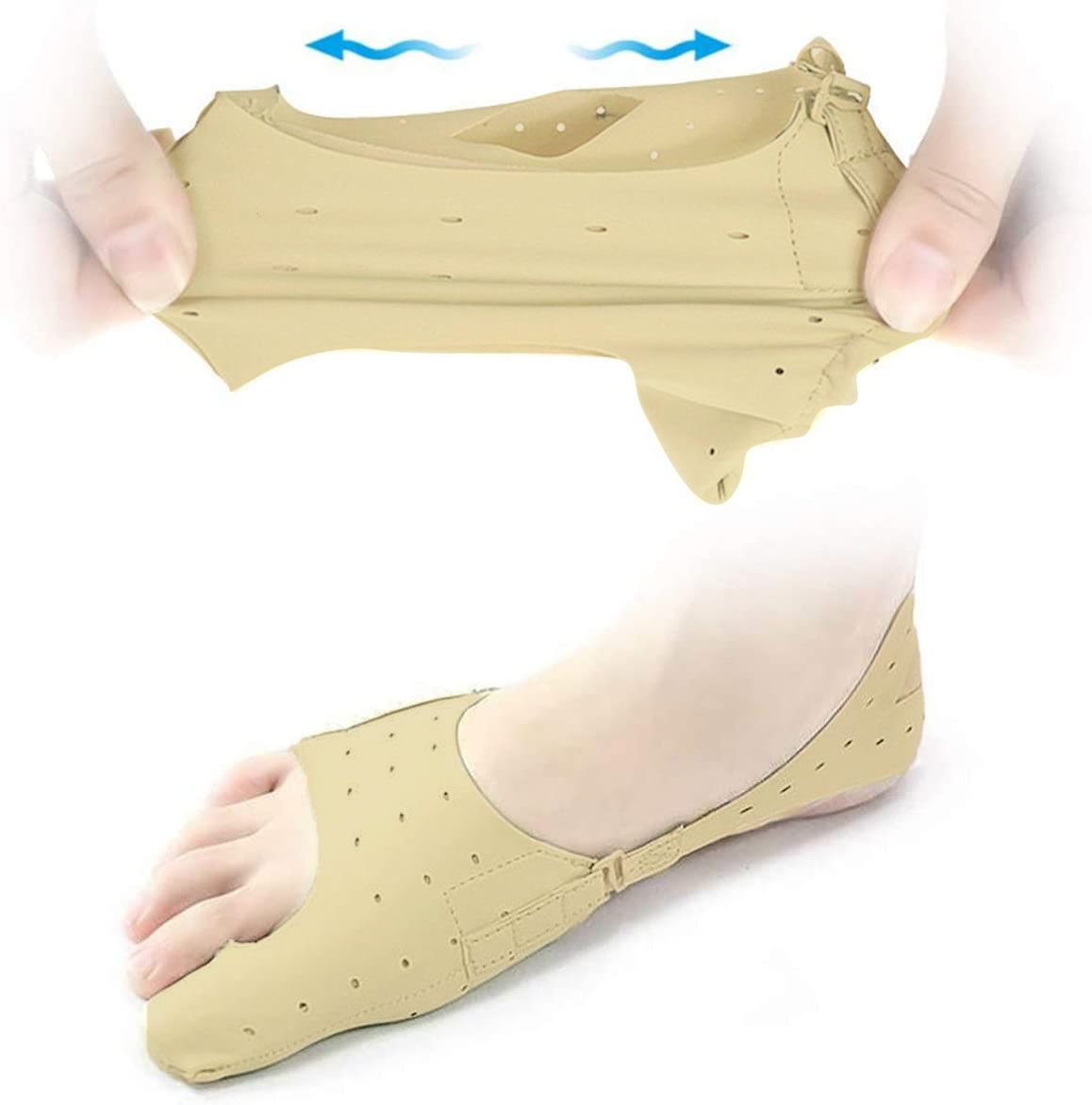 Hallux Bandage am Fuß. Beige, perforiertes Material. Dehnung des Materials. Klettverschluss. Blaue Pfeile zeigen Flexibilität.