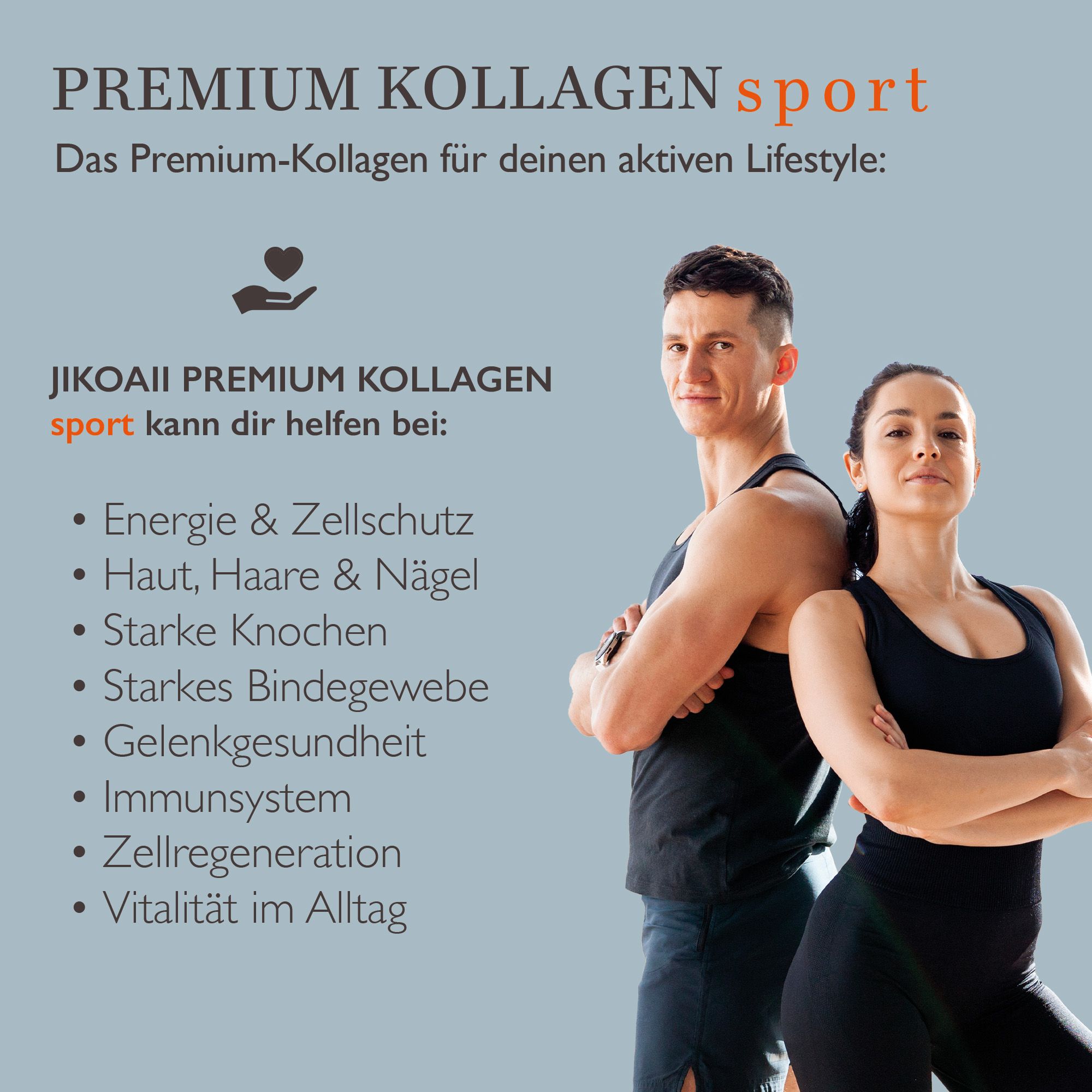 Werbung für JIKOAII Kollagen SPORT. Mann und Frau, Vorteile: Energie, Haut, Knochen, Bindegewebe, Gelenke, Immunsystem.