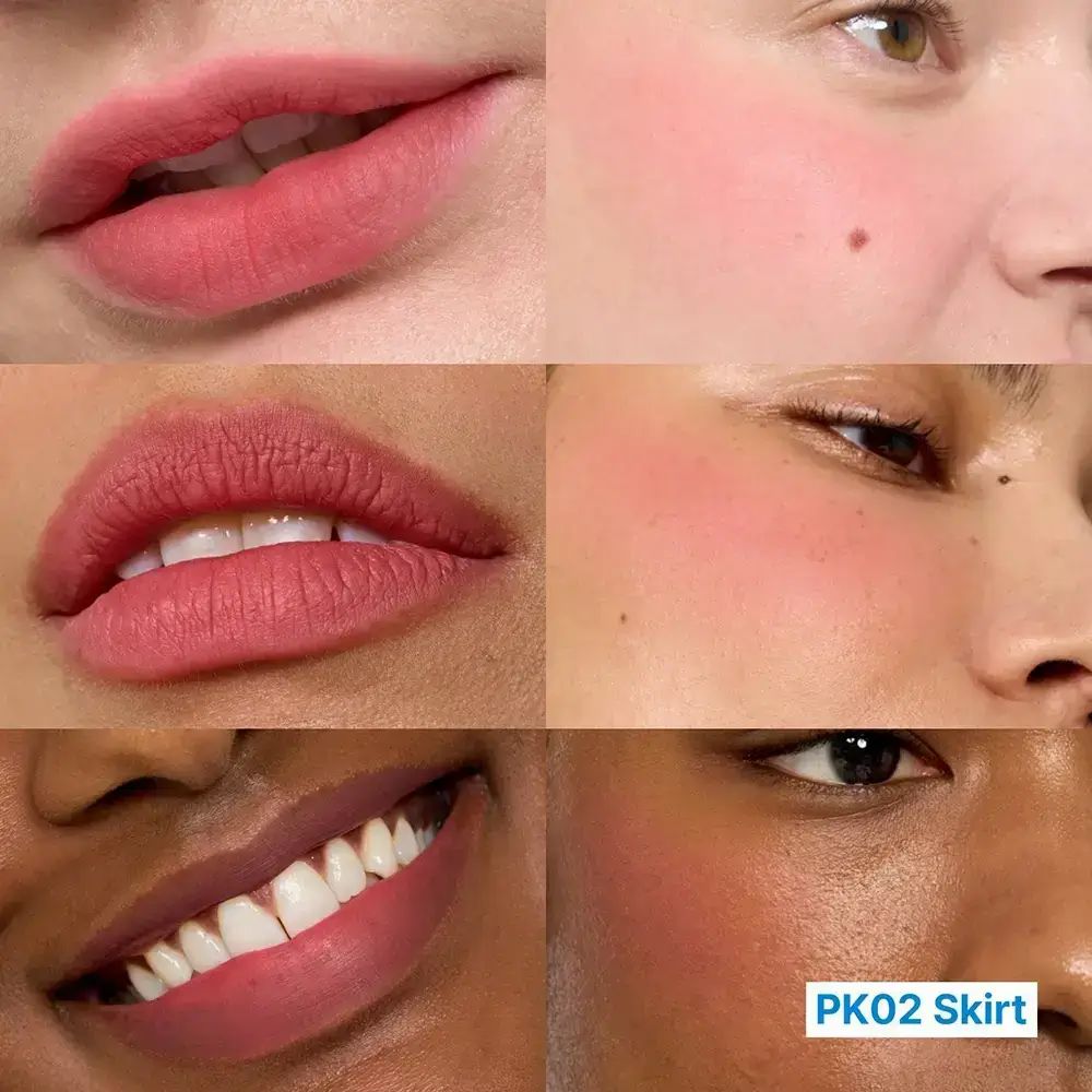 Mehrere Nahaufnahmen von Lippen und Wangen in Rosa. Text: PK02 Skirt.