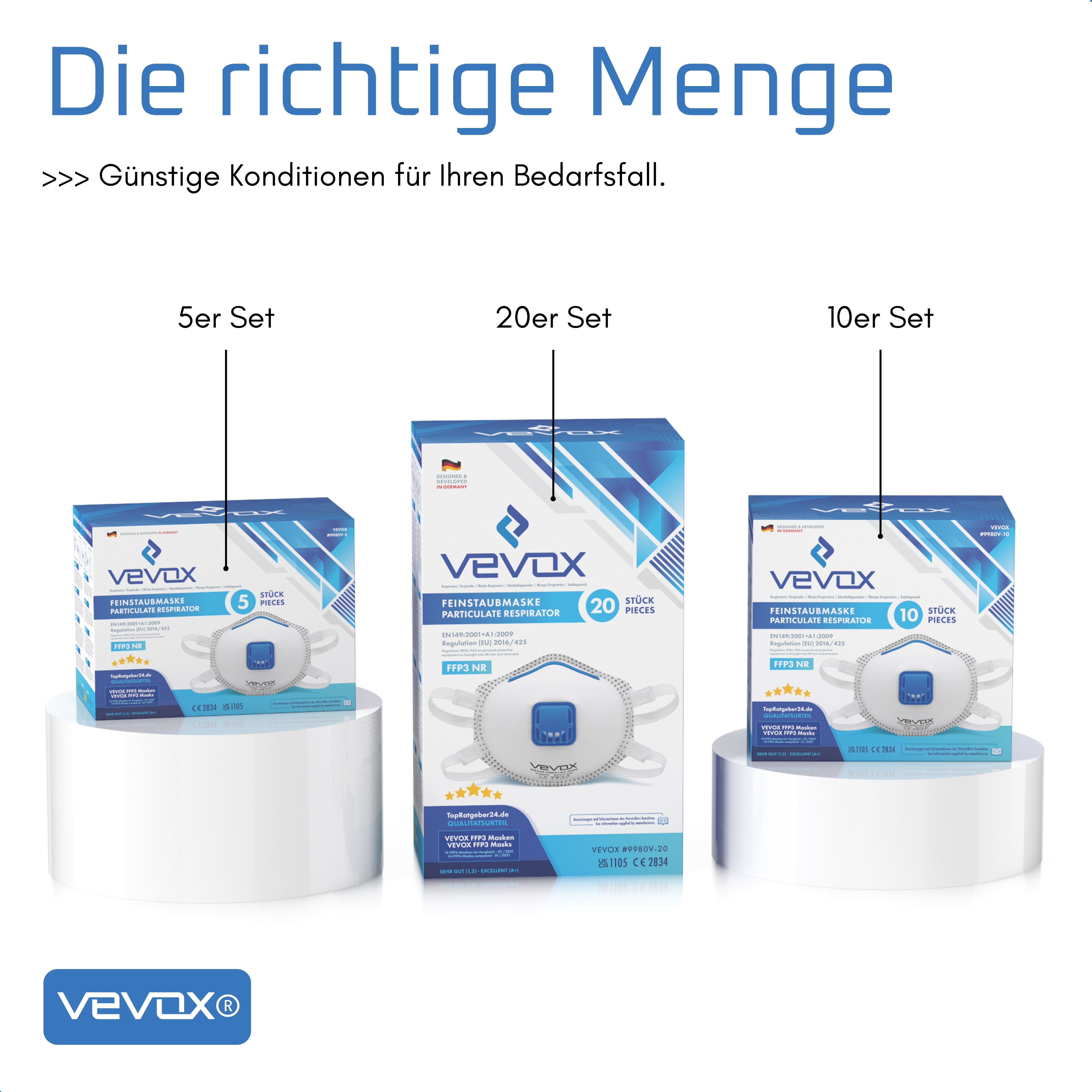 Drei Verpackungen von Atemschutzmasken. 5er, 20er und 10er Sets. VEVOX-Logo und Produktbezeichnung.