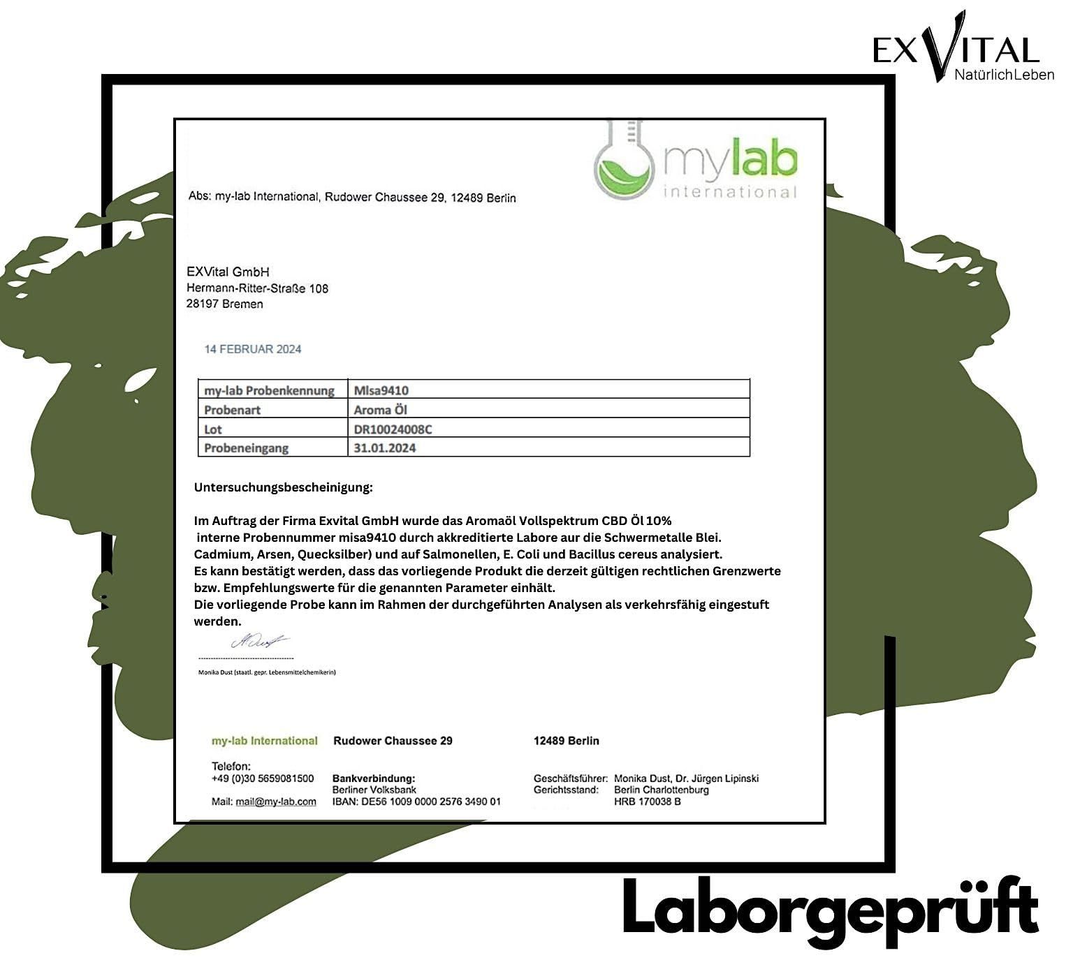 Laborbericht von mylab International. Enthält Informationen zur Analyse von Aroma Öl. Text: Laborgeprüft.