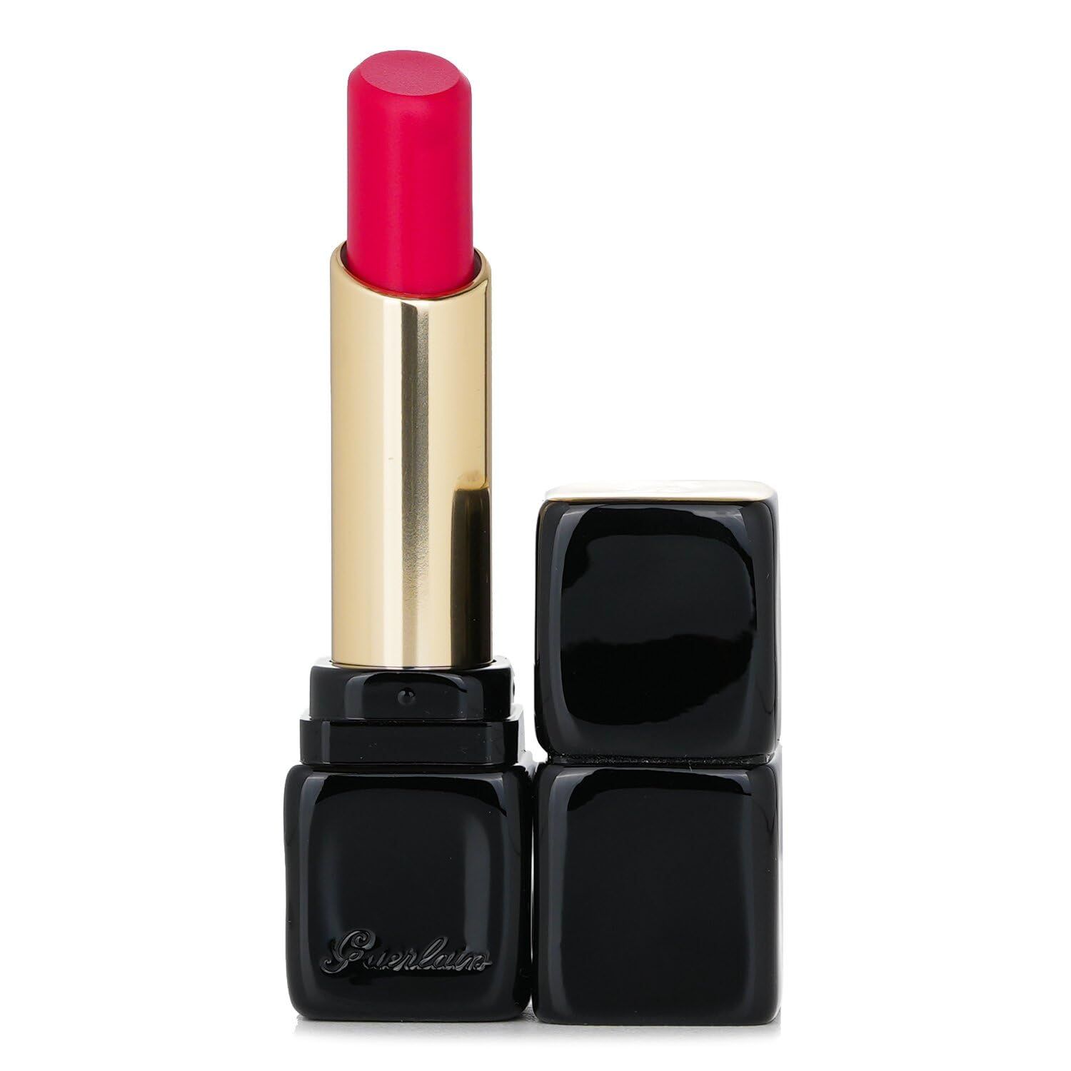 Lippenstift mit schwarzem quadratischem Gehäuse und pinkfarbener Spitze. Goldfarbener Schaft. Gehäuse geöffnet.