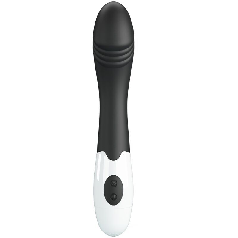 Schwarz-weißer Vibrator. Oberteil mit Rillen, Unterteil mit zwei Knöpfen. Vertikale Ausrichtung.