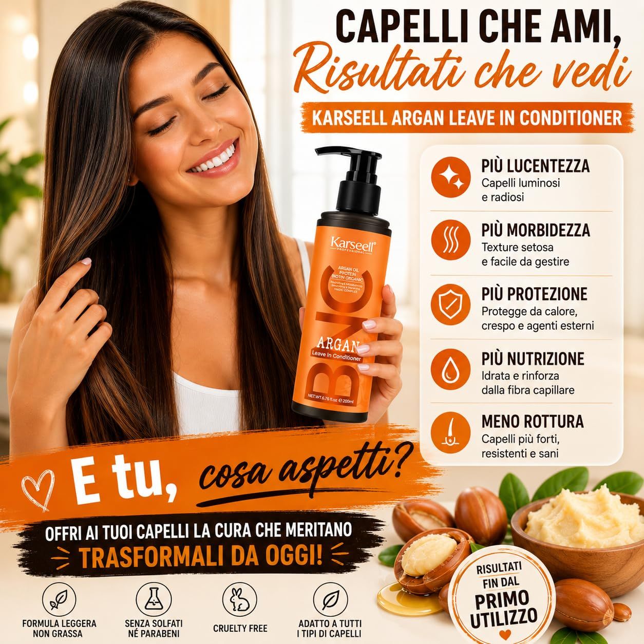 Karaseell Argan Leave-In Conditioner Flasche mit Pumpspender, orangefarben.